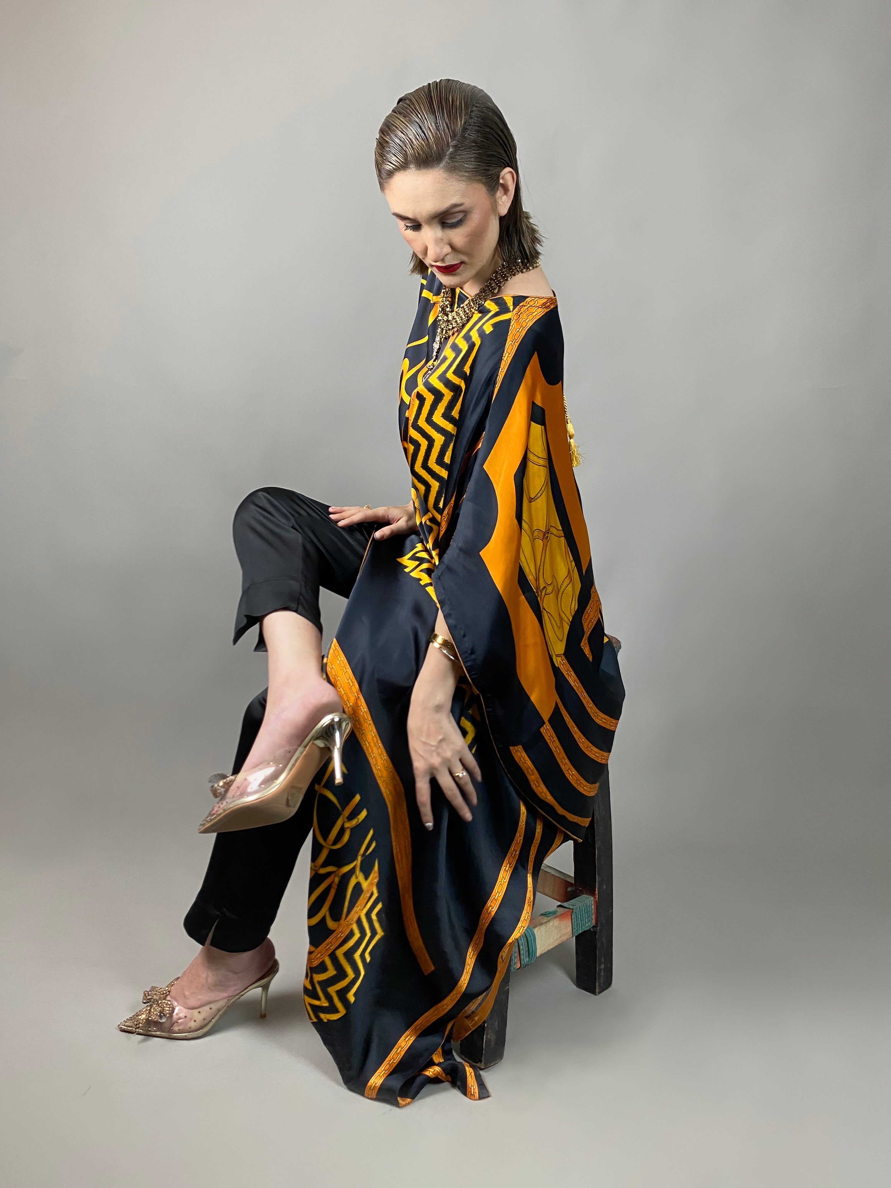 Maheem Khan - Rose Scarf Kaftan - BLACK GOLD - Blended Silk - 1 Piece