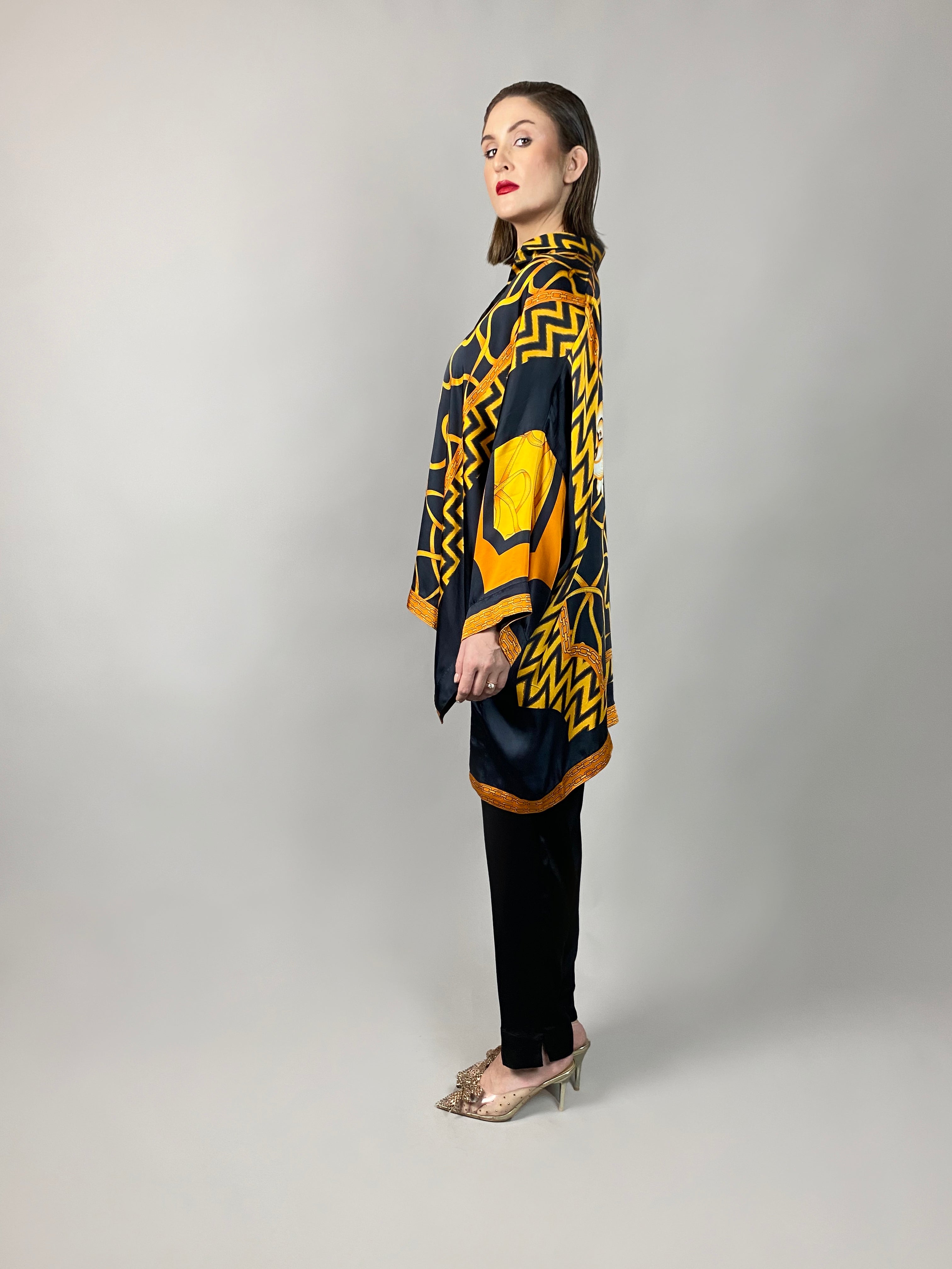 Maheem Khan - Rose Black Scarf Baggy Shirt - BLACK GOLD - Blended Silk - 1 Piece