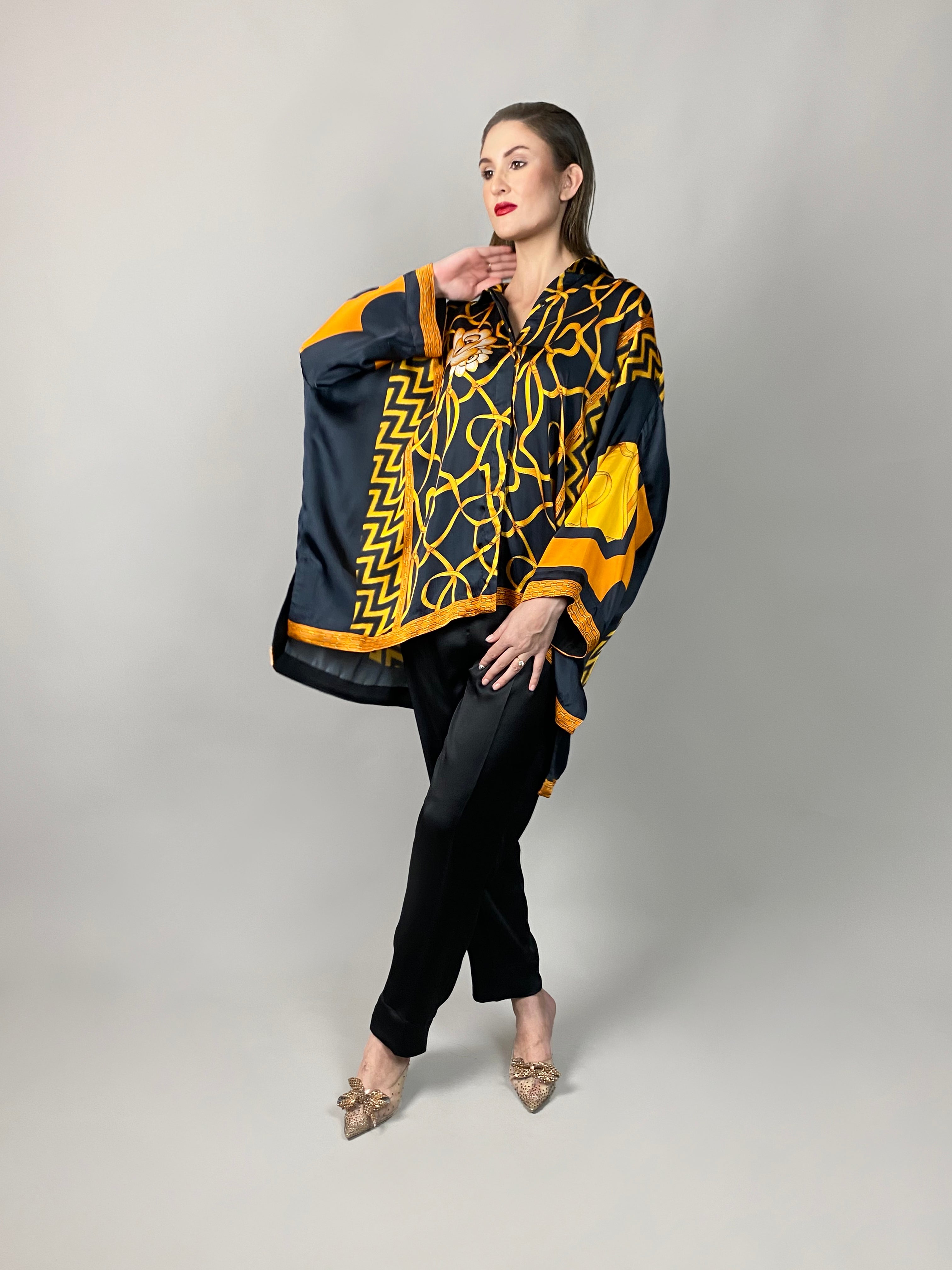Maheem Khan - Rose Black Scarf Baggy Shirt - BLACK GOLD - Blended Silk - 1 Piece