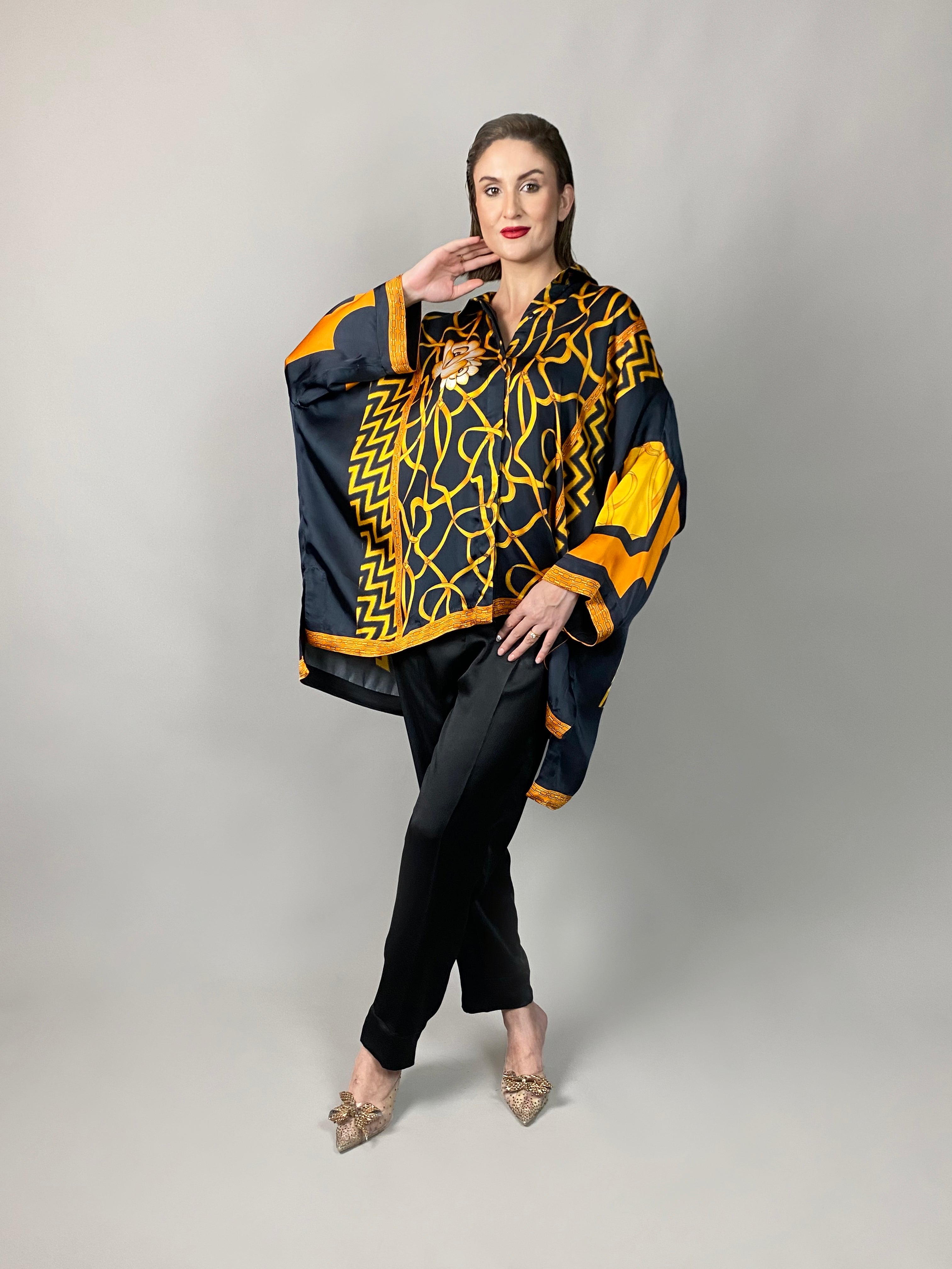 Maheem Khan - Rose Black Scarf Baggy Shirt - BLACK GOLD - Blended Silk - 1 Piece