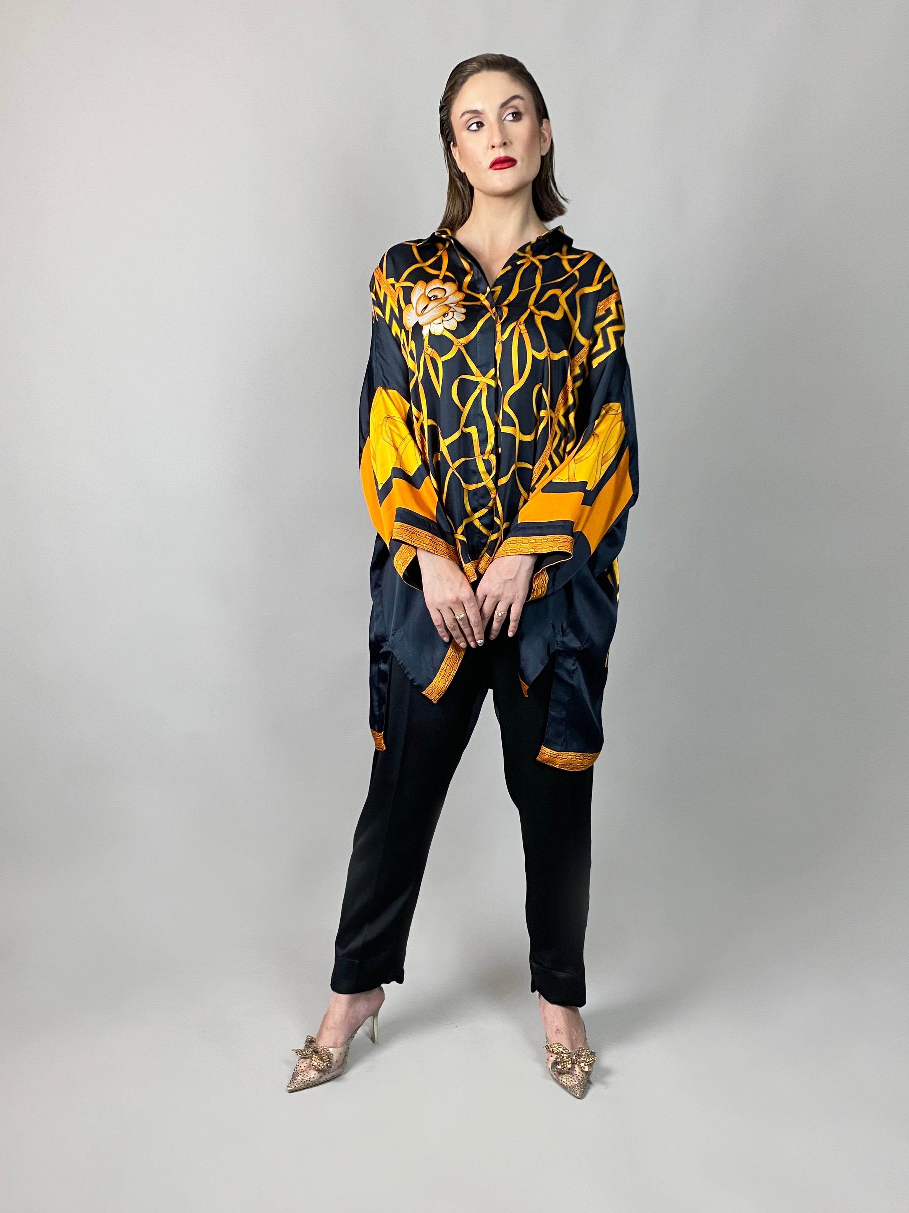 Maheem Khan - Rose Black Scarf Baggy Shirt - BLACK GOLD - Blended Silk - 1 Piece