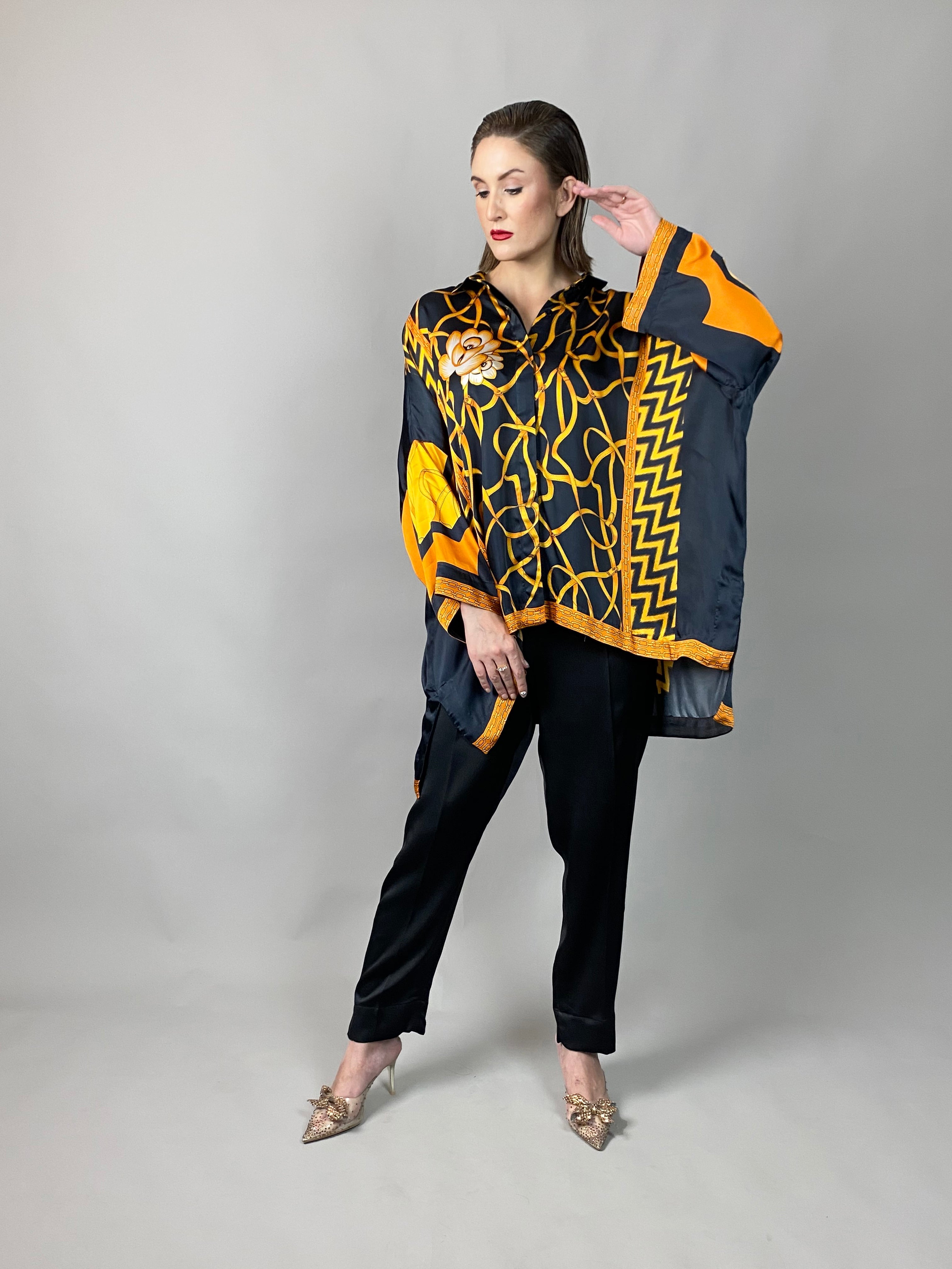 Maheem Khan - Rose Black Scarf Baggy Shirt - BLACK GOLD - Blended Silk - 1 Piece