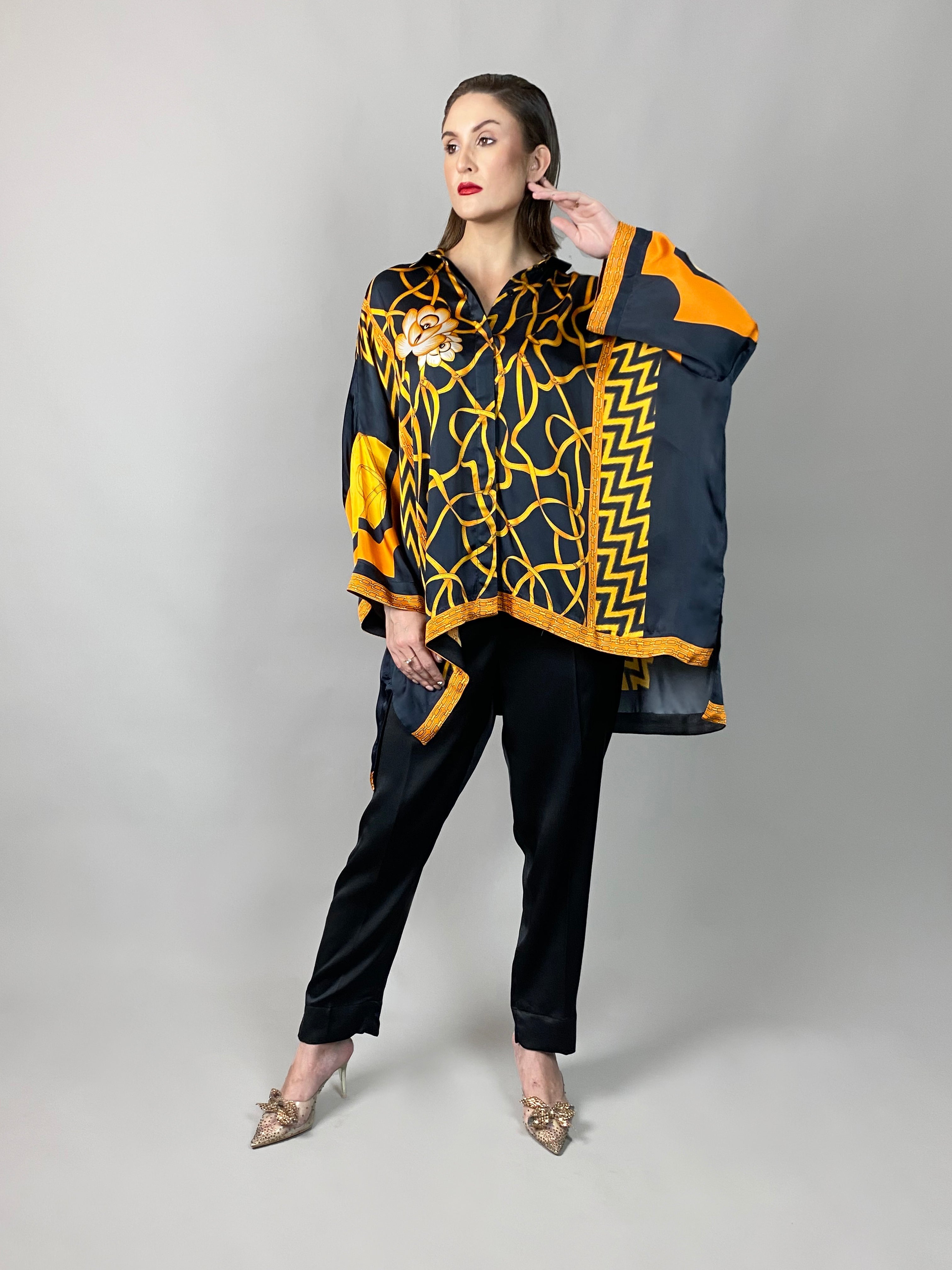 Maheem Khan - Rose Black Scarf Baggy Shirt - BLACK GOLD - Blended Silk - 1 Piece