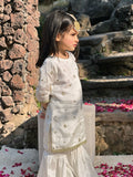 Mom4Little - Zari Boti Shirt Net Gharara For Girl - white  - 3 Piece