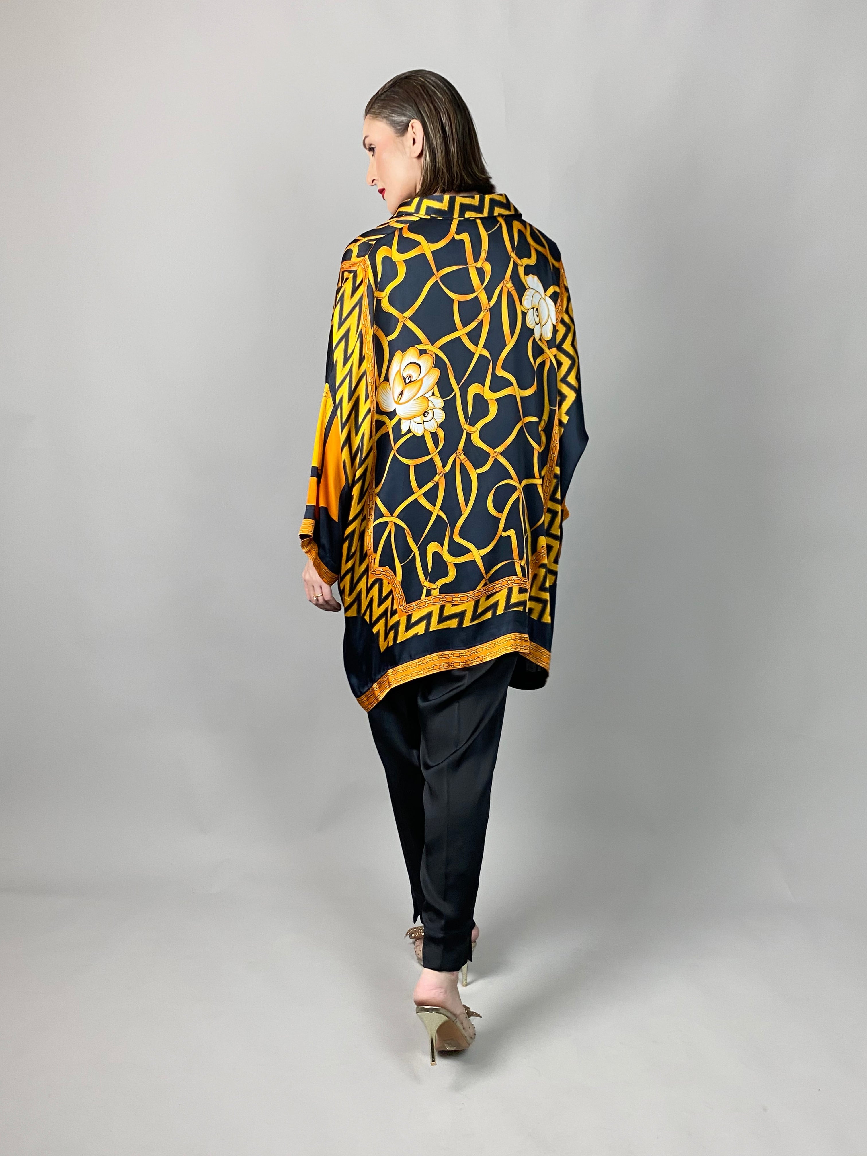 Maheem Khan - Rose Black Scarf Baggy Shirt - BLACK GOLD - Blended Silk - 1 Piece