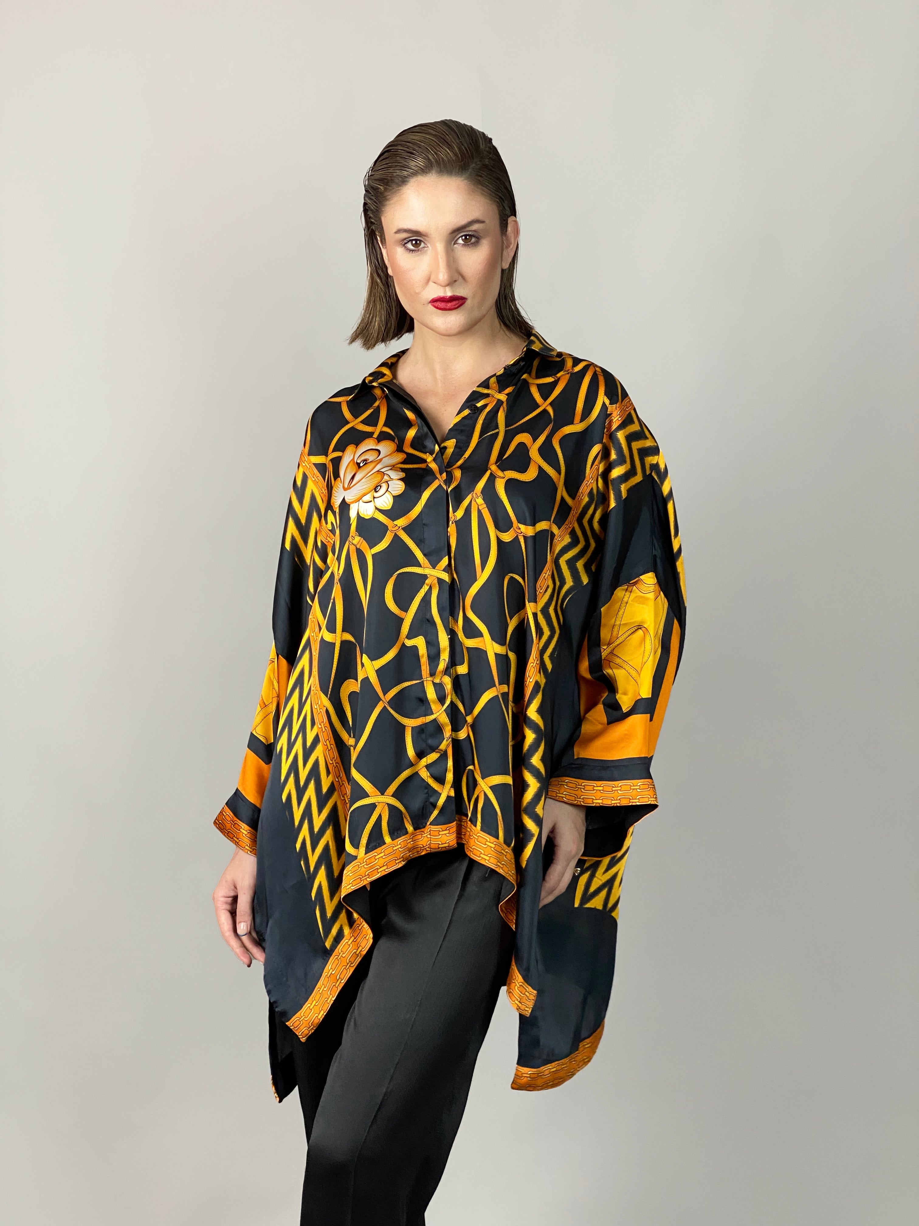 Maheem Khan - Rose Black Scarf Baggy Shirt - BLACK GOLD - Blended Silk - 1 Piece