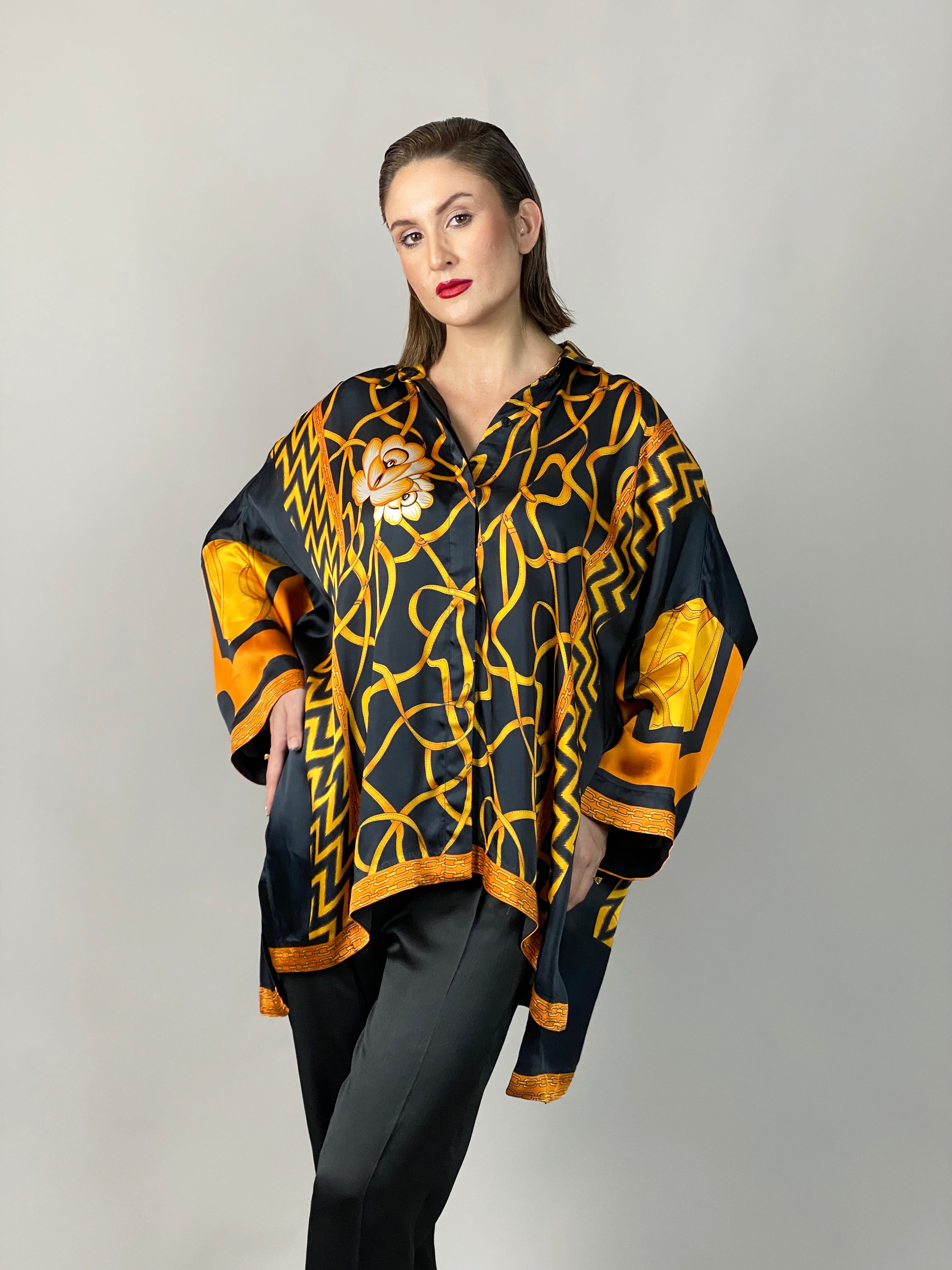 Maheem Khan - Rose Black Scarf Baggy Shirt - BLACK GOLD - Blended Silk - 1 Piece