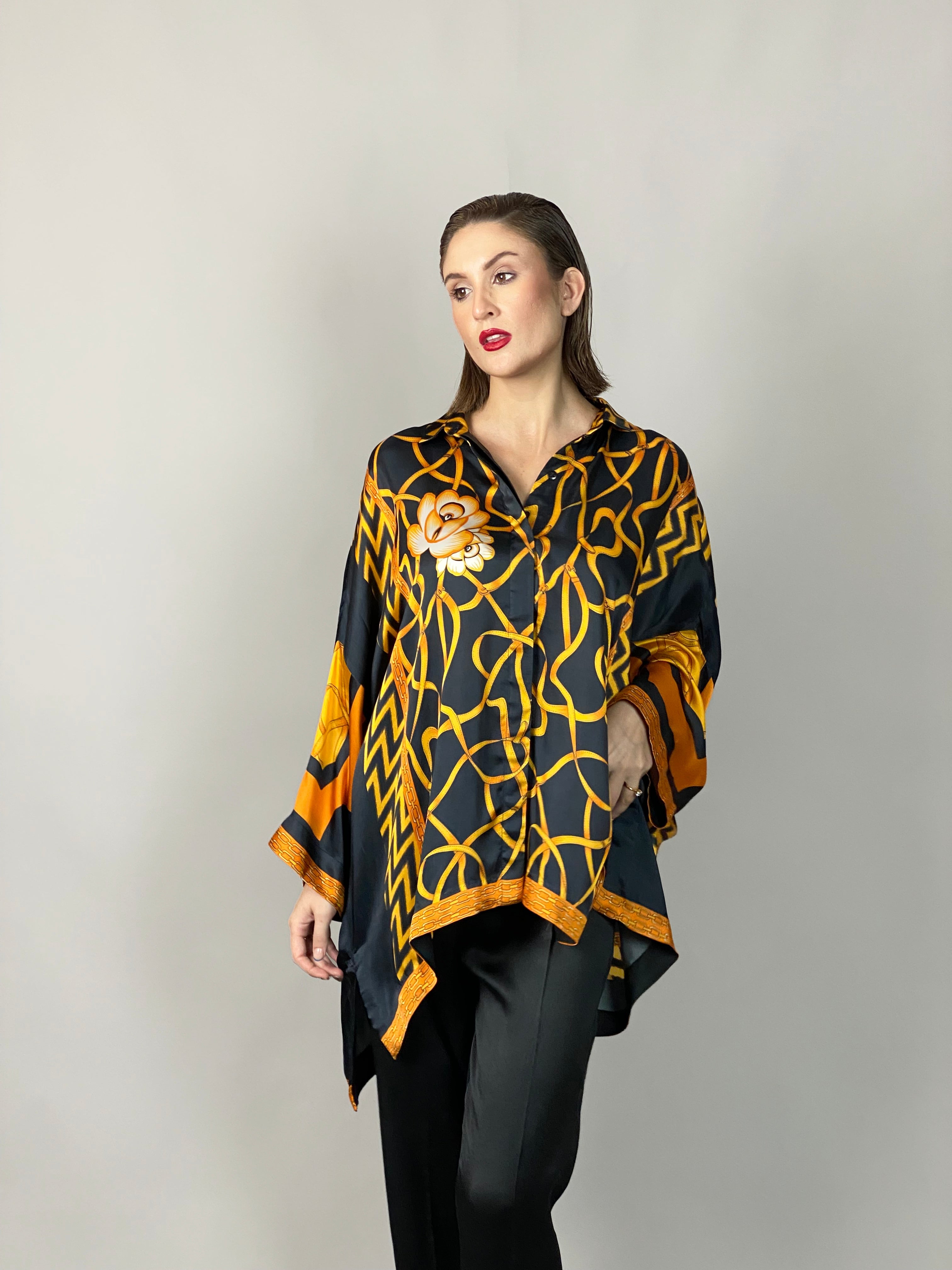 Maheem Khan - Rose Black Scarf Baggy Shirt - BLACK GOLD - Blended Silk - 1 Piece