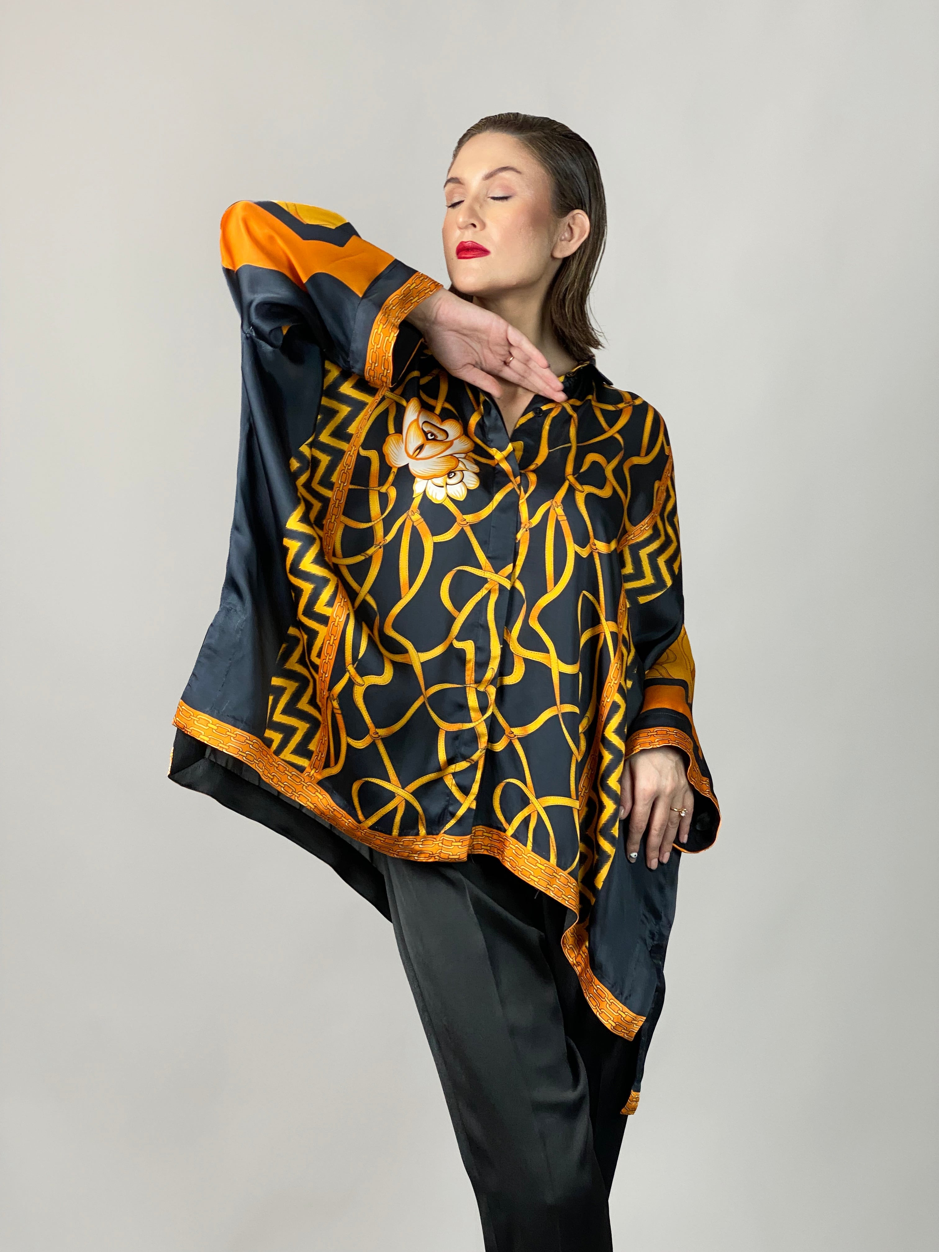 Maheem Khan - Rose Black Scarf Baggy Shirt - BLACK GOLD - Blended Silk - 1 Piece