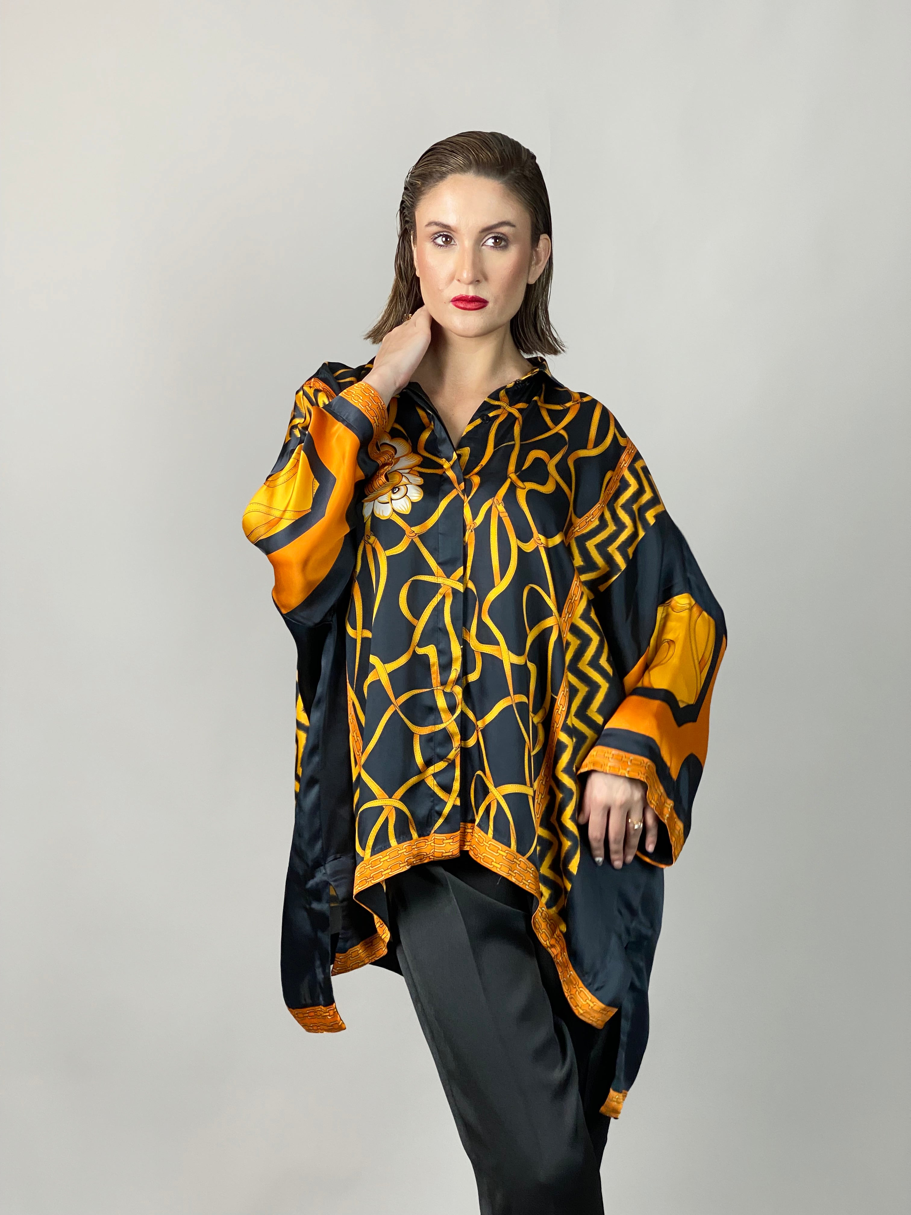 Maheem Khan - Rose Black Scarf Baggy Shirt - BLACK GOLD - Blended Silk - 1 Piece