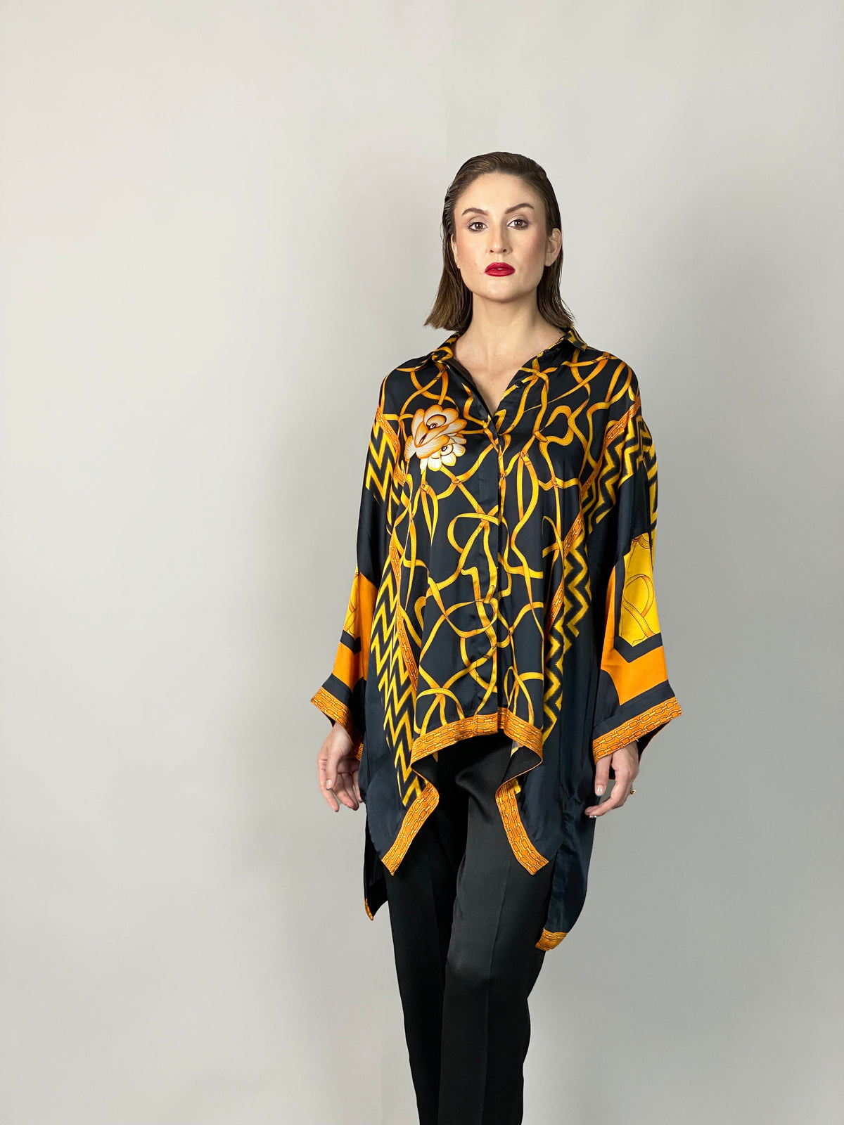 Maheem Khan - Rose Black Scarf Baggy Shirt - BLACK GOLD - Blended Silk - 1 Piece