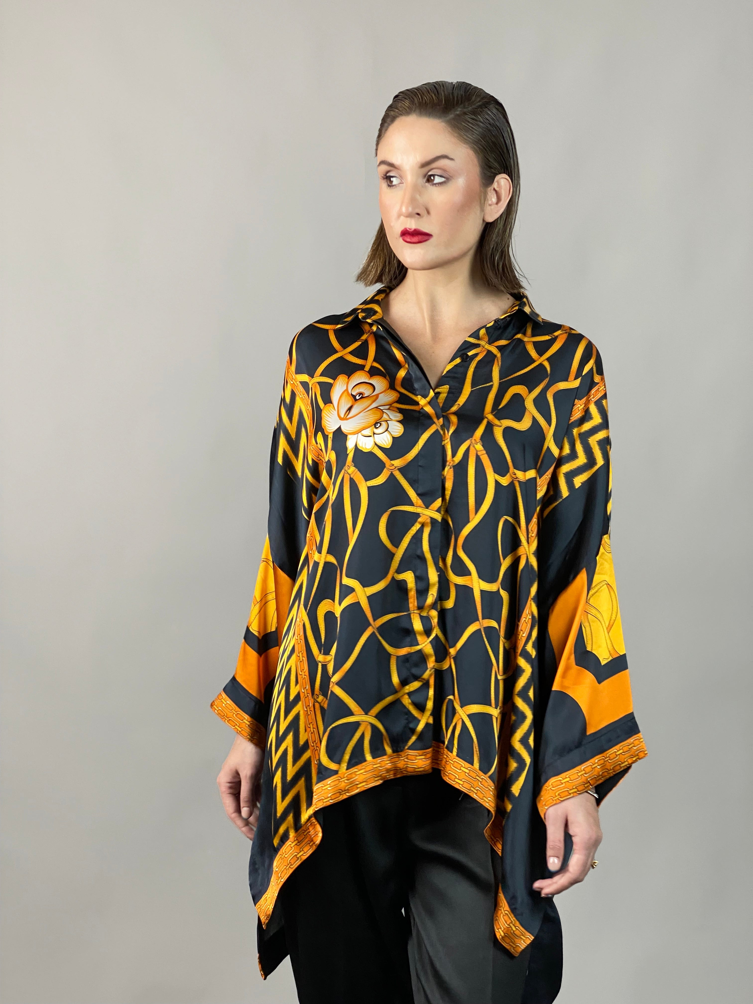 Maheem Khan - Rose Black Scarf Baggy Shirt - BLACK GOLD - Blended Silk - 1 Piece