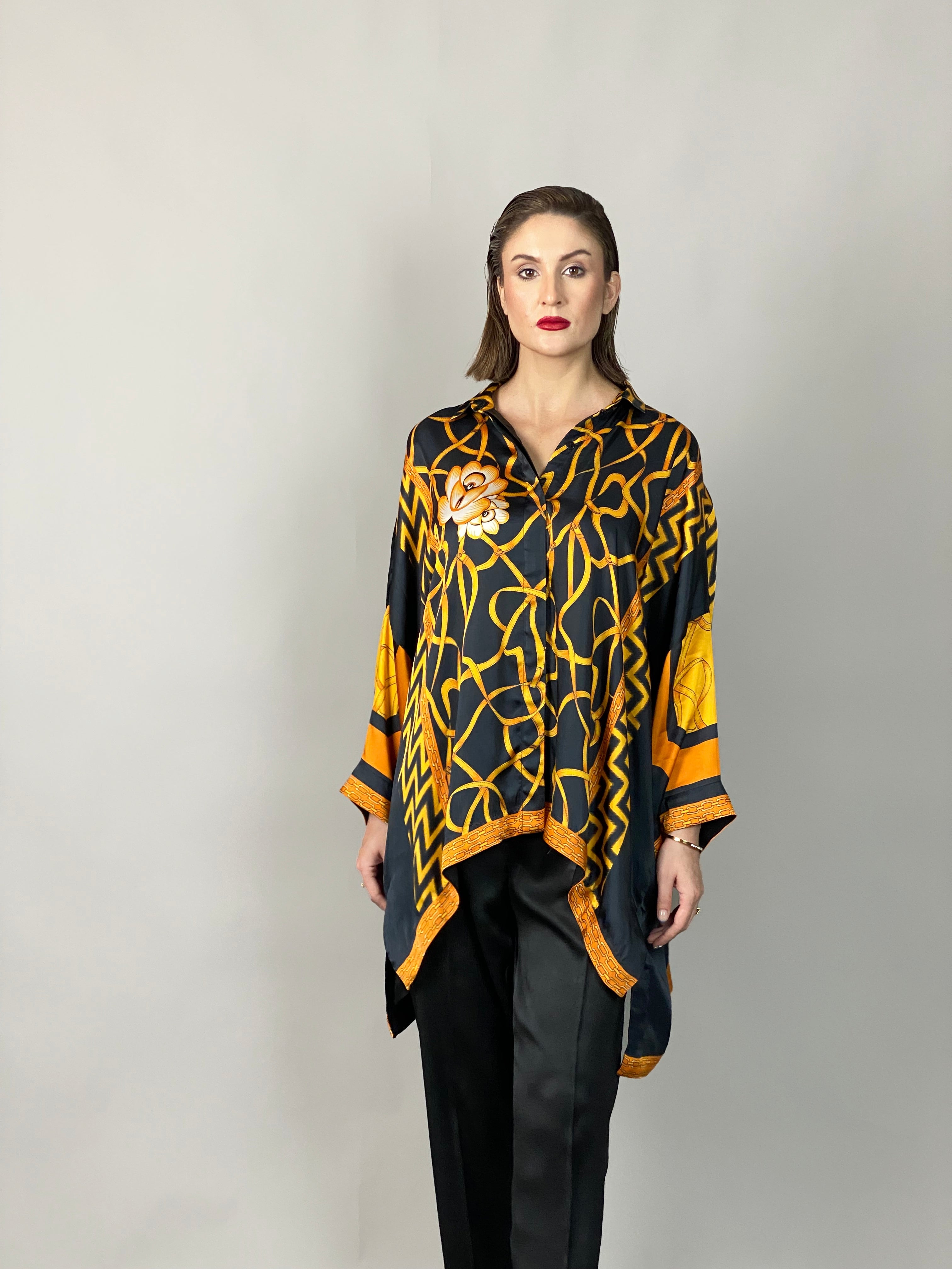 Maheem Khan - Rose Black Scarf Baggy Shirt - BLACK GOLD - Blended Silk - 1 Piece