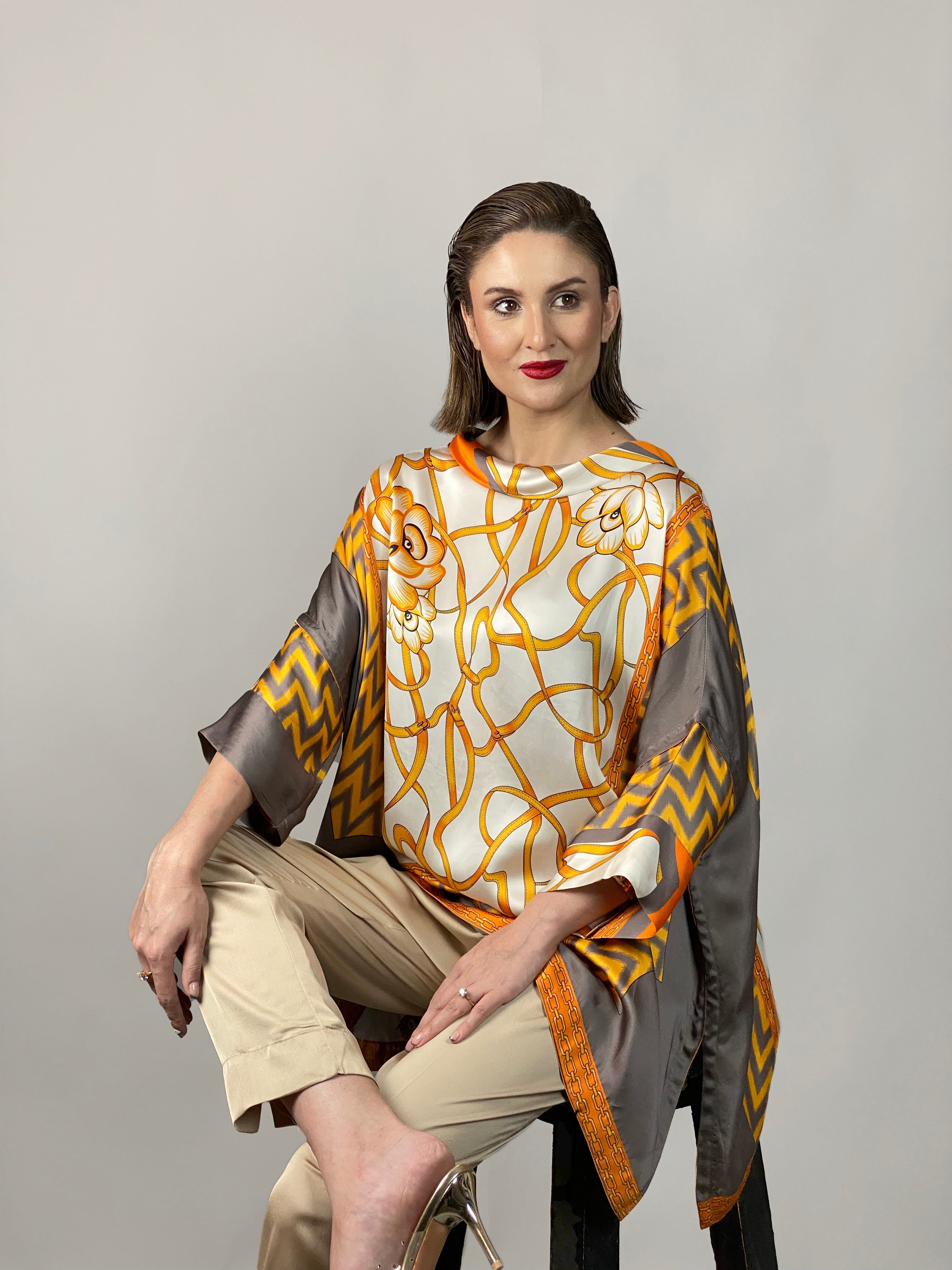 Maheem Khan - Rose Grey/Gold Tunic - GREY GOLD - Blended Silk - 1 Piece