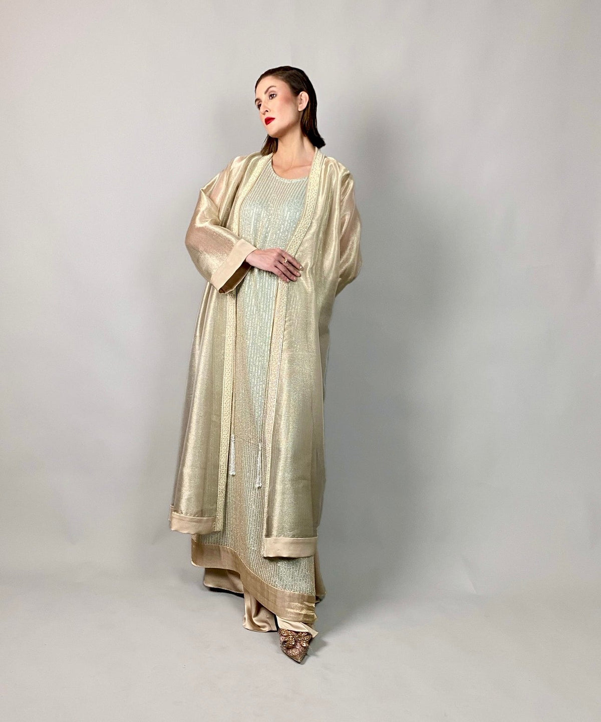 Maheem Khan - Sleeveless Pale Gold Tunic - GOLD AQUA - Blended Chiffon + EMBROIDERY - 1 Piece