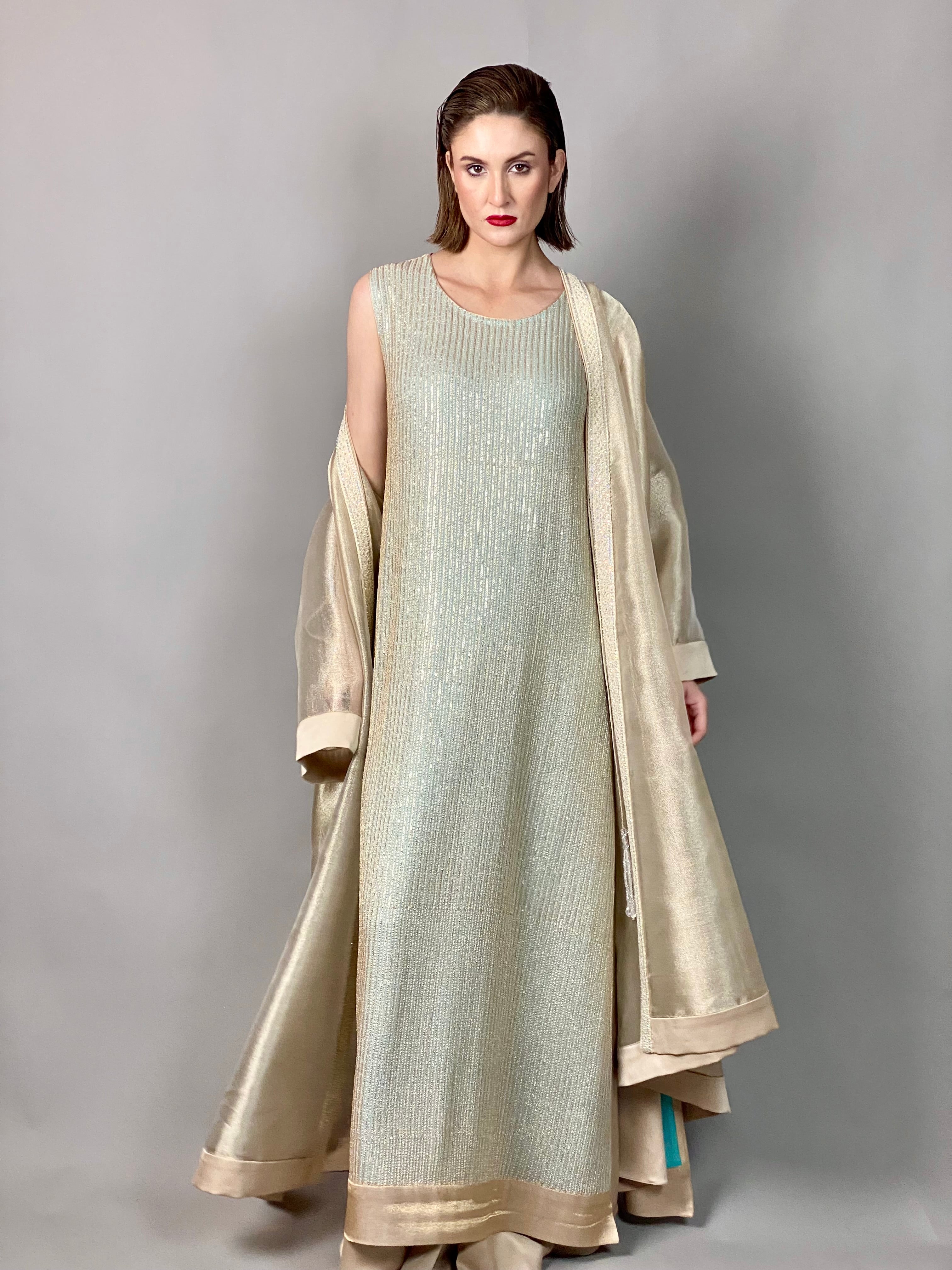 Maheem Khan - Sleeveless Pale Gold Tunic - GOLD AQUA - Blended Chiffon + EMBROIDERY - 1 Piece