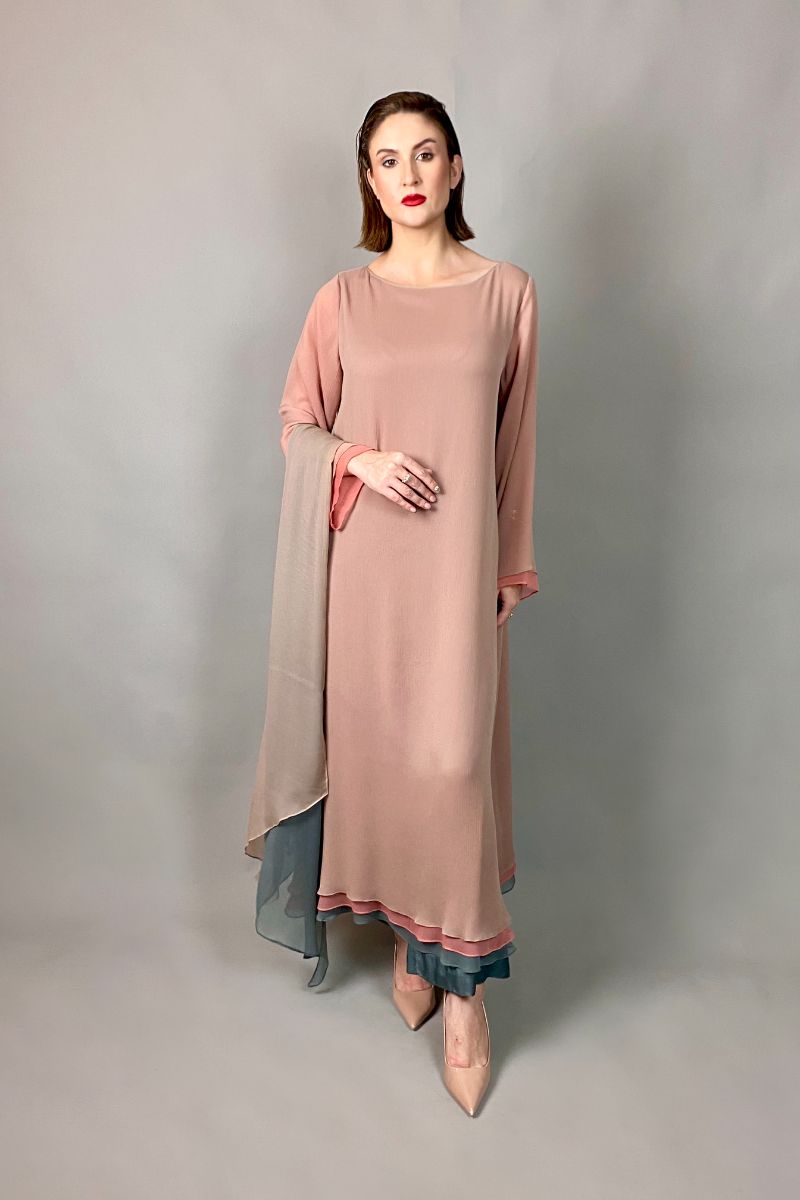 Gulabo - BLUSHING ROSE - Blended Chiffon + Satin Silk - Pink/Grey - 3 Piece