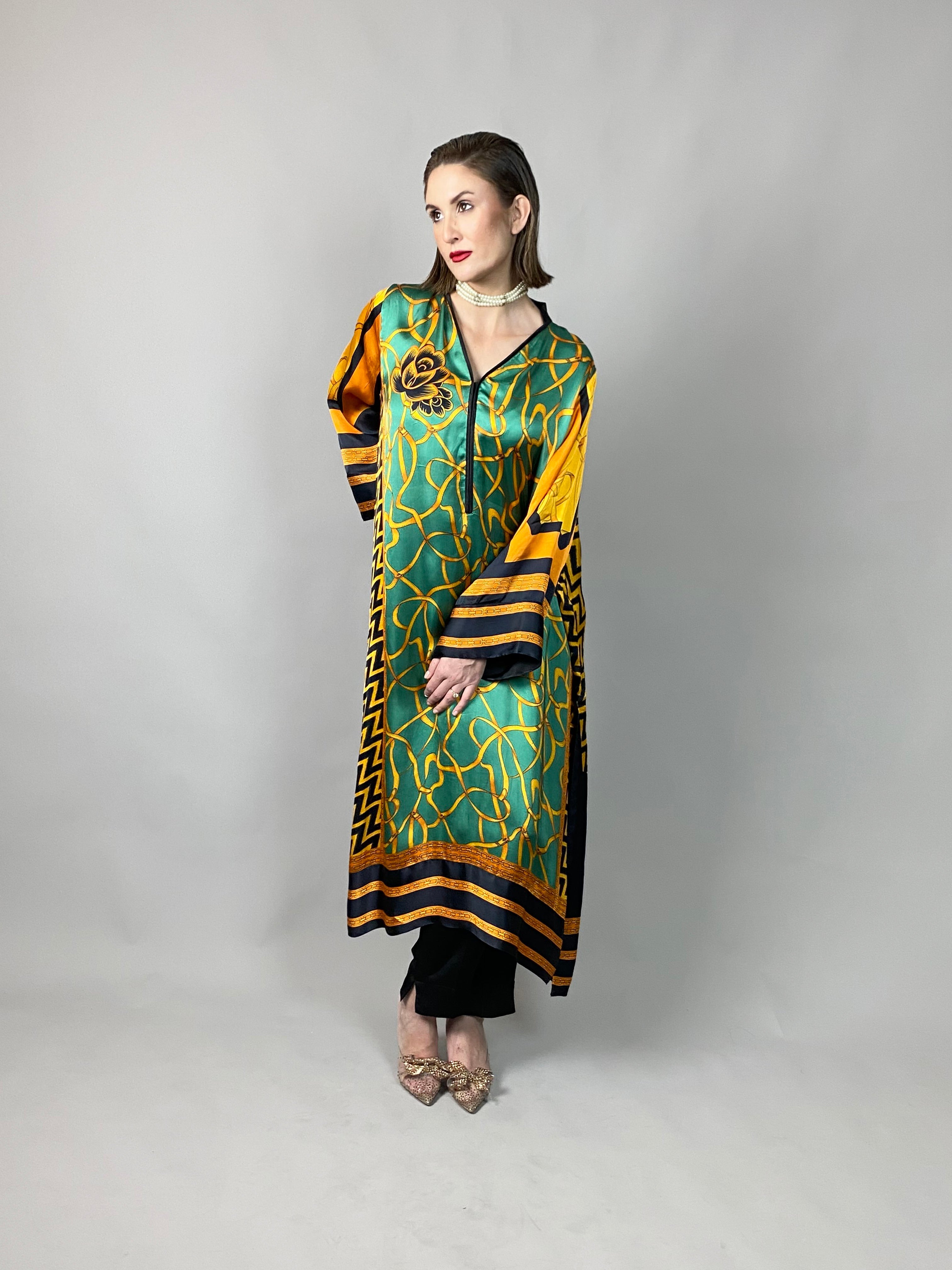 Maheem Khan - Emerald Scarf Tunic - Emerald GOLD BLACK - BLENDED SILK - 1 Piece