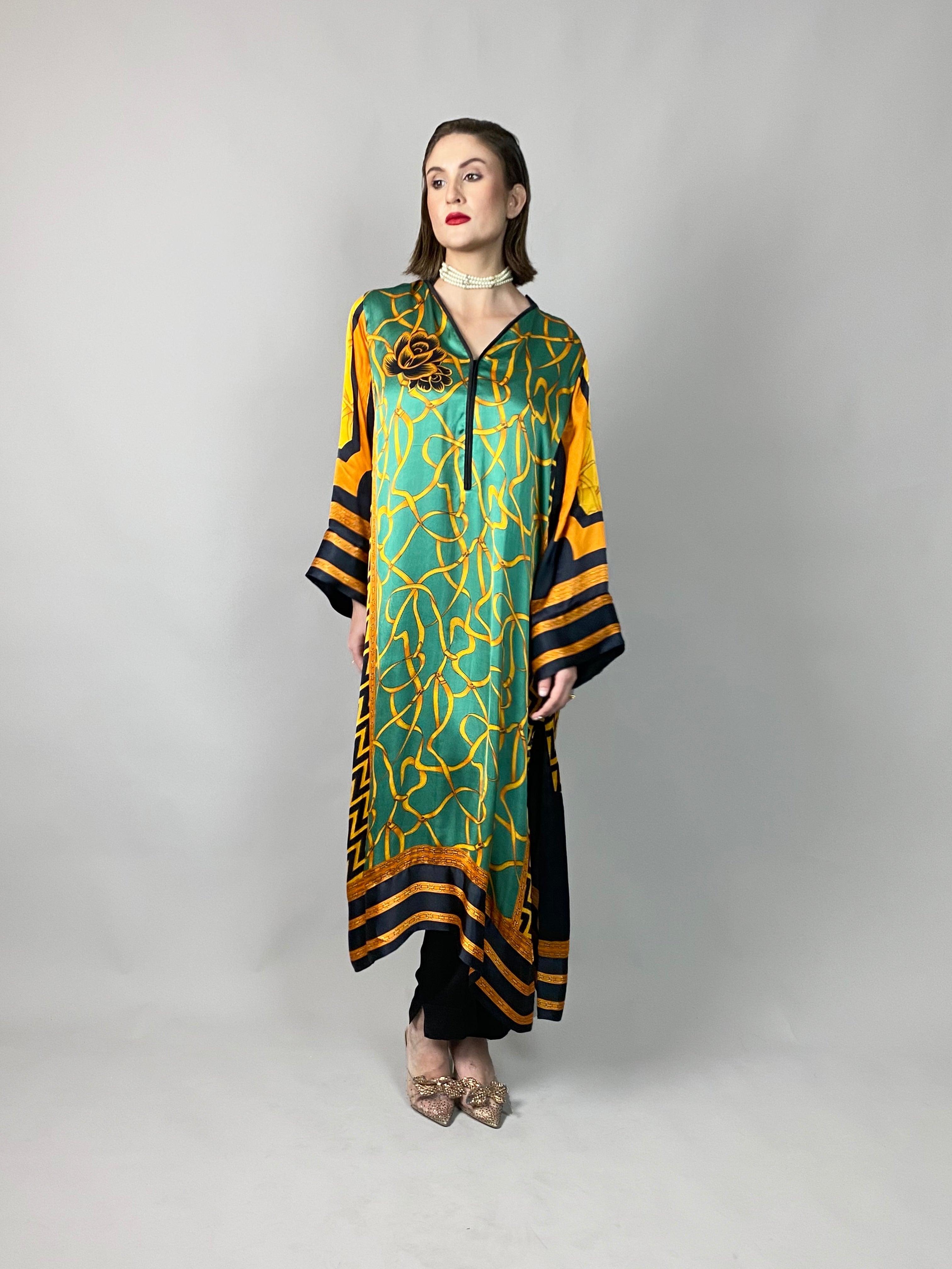 Maheem Khan - Emerald Scarf Tunic - Emerald GOLD BLACK - BLENDED SILK - 1 Piece