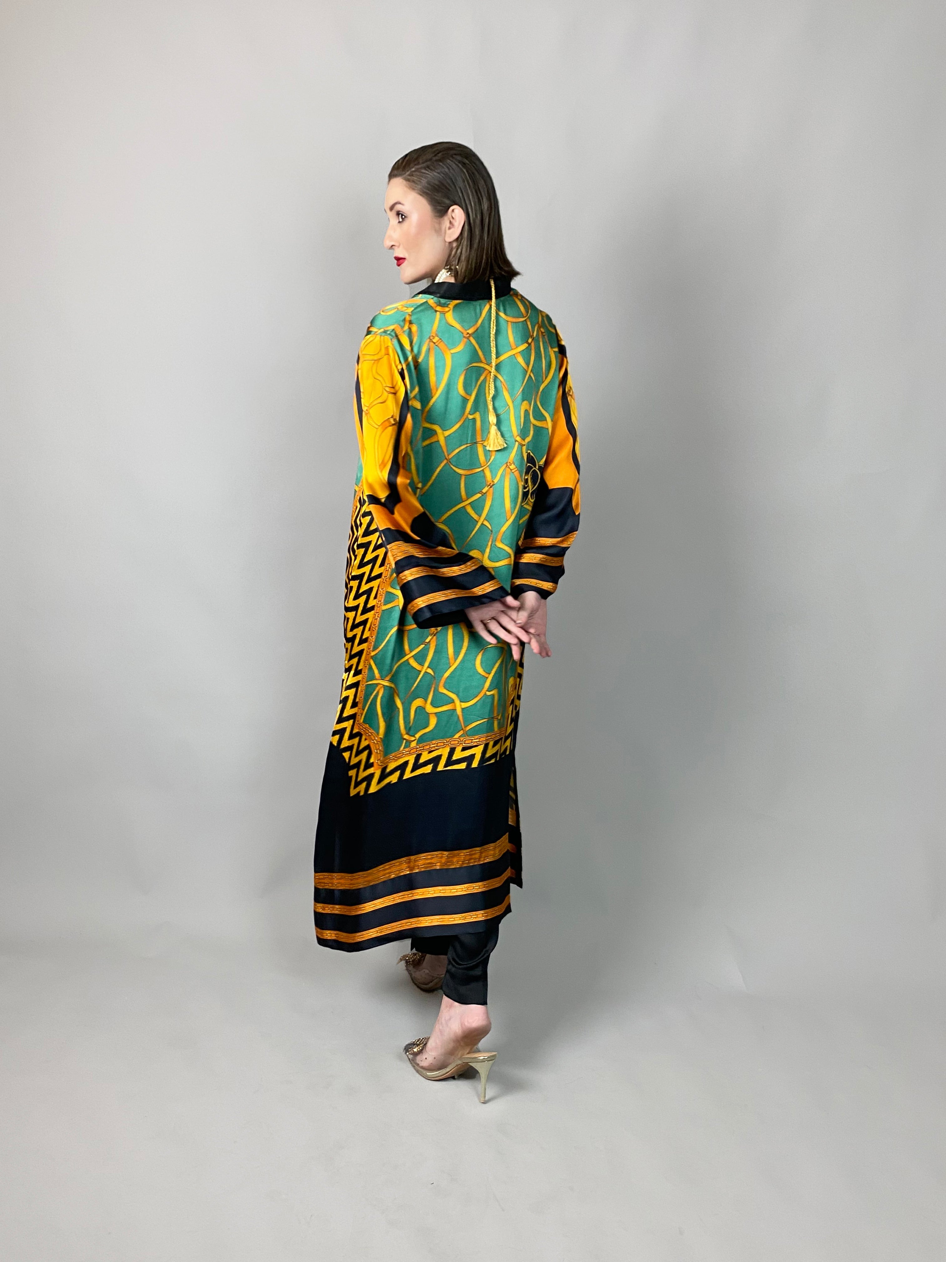 Maheem Khan - Emerald Scarf Tunic - Emerald GOLD BLACK - BLENDED SILK - 1 Piece