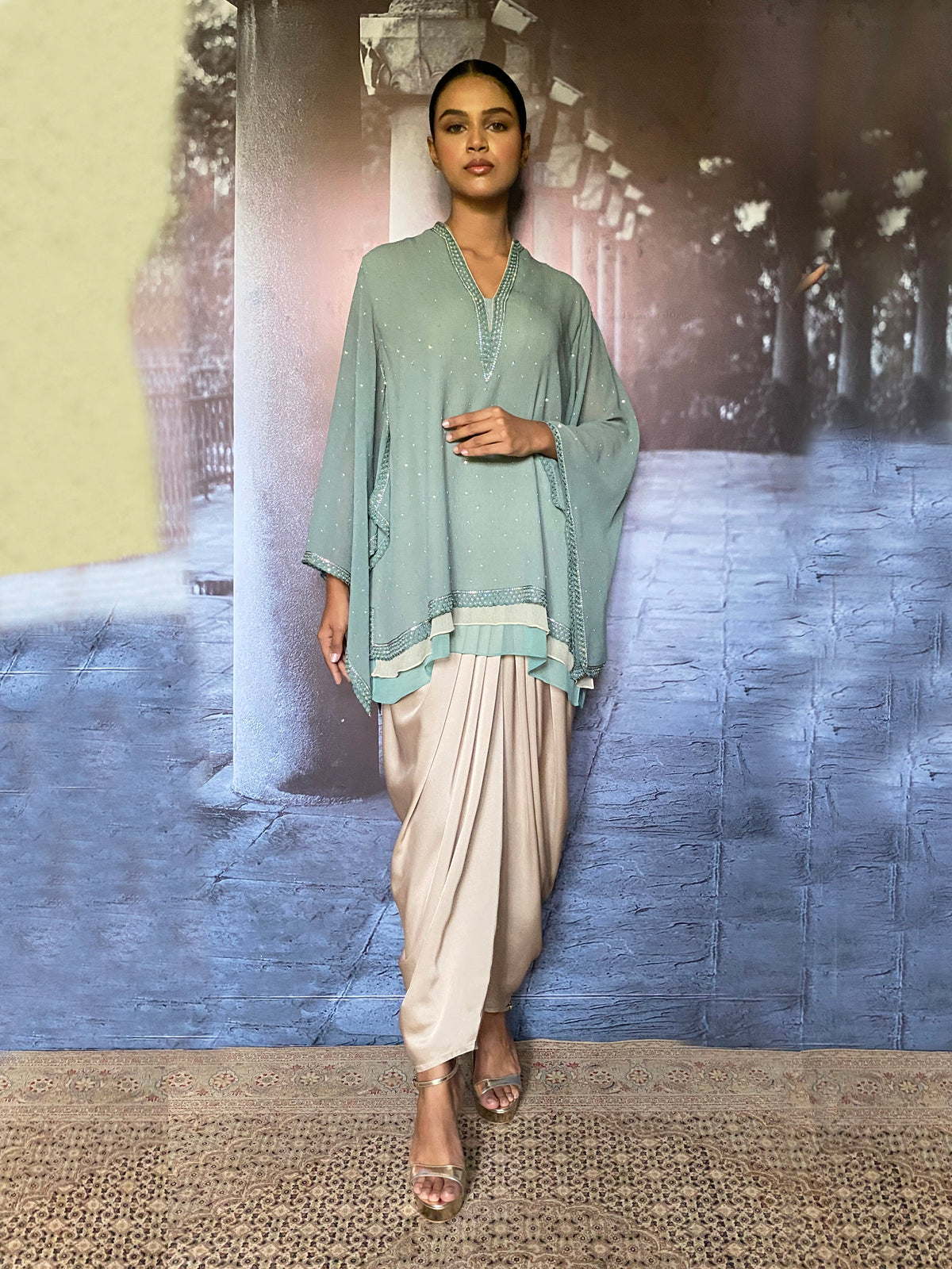 Gulabo - Samawiya Silk Chiffon + Blended Satin Aqua Turquoise Biege Eastern Wear For Women - 2 Piece