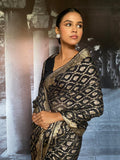 Gulabo - Aseer Silk Chiffon Banarsi Black Silver Gold Sari For Women - 1 Piece