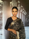 Gulabo - Aseer Silk Chiffon Banarsi Black Silver Gold Sari For Women - 1 Piece