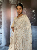 Gulabo - Malika Silk Chiffon Banarsi White Silver Gold Sari For Women - 1 Piece