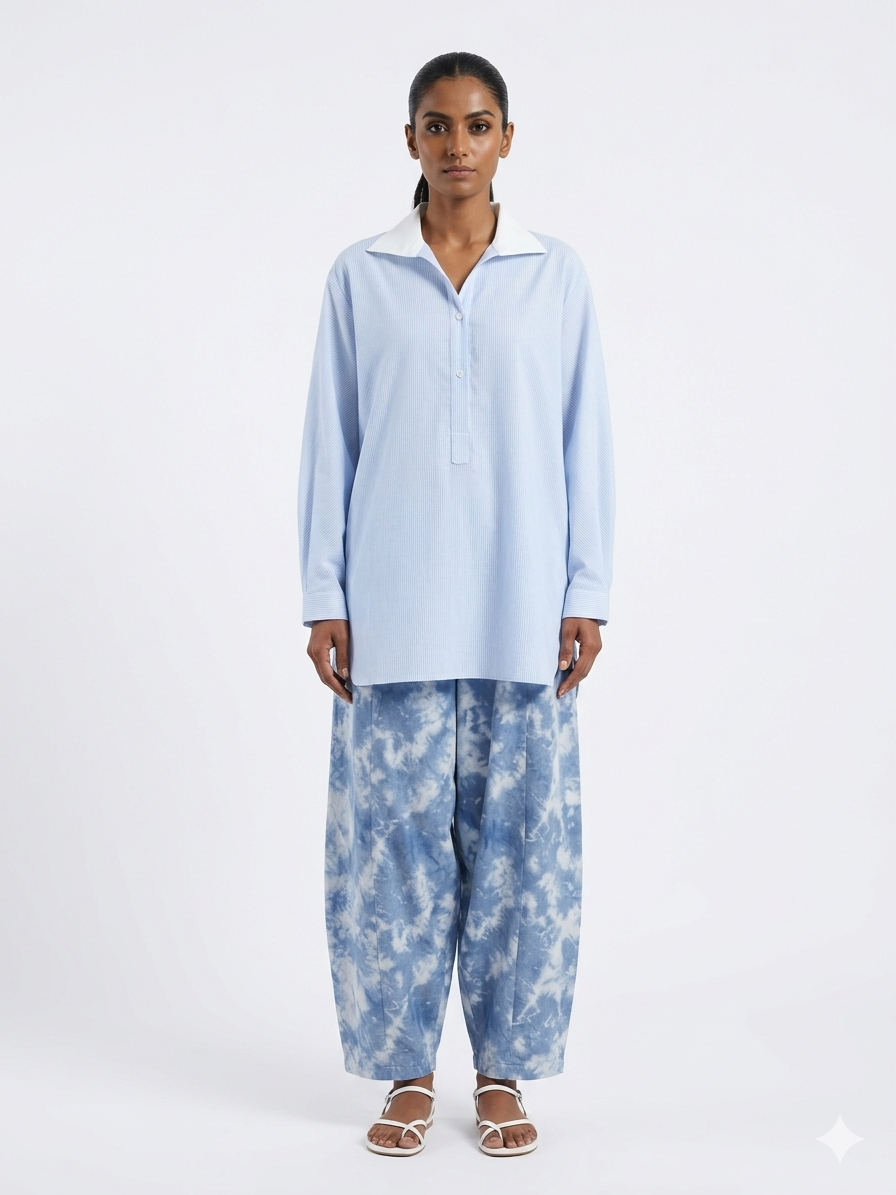 Gulabo - Easy Azure Pure Cotton Shirt For Women - Blue White Stripe - 1 Piece