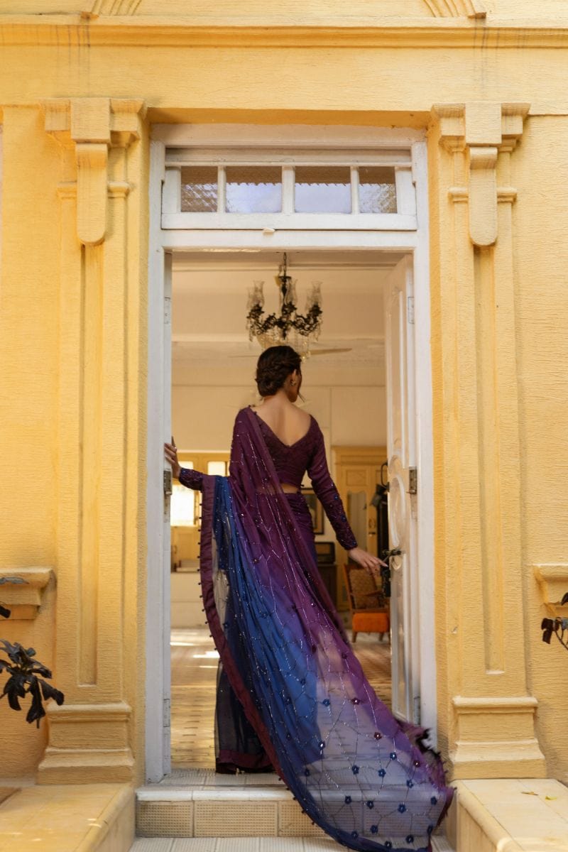 Insia Sohail - Veronica - Plum / Sapphire blue - Saree - Chiffon - Studio by TCS