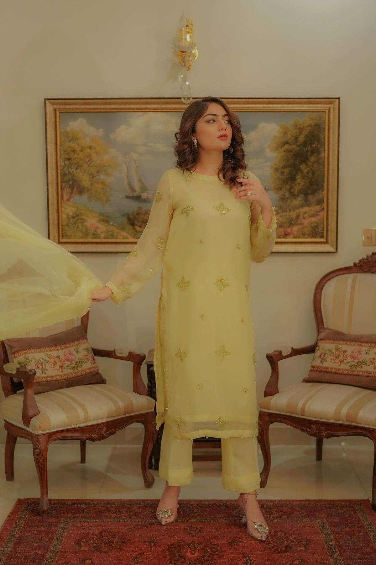 Syah - Zamurd - Organza - Pastel Yellow - 3 Piece