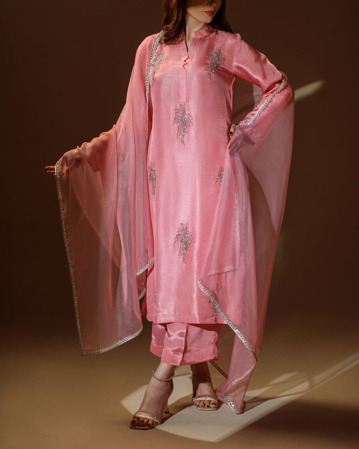 Ombrella - Pink Flair Tea Pink Raw Silk Suit For Women - 3 Piece