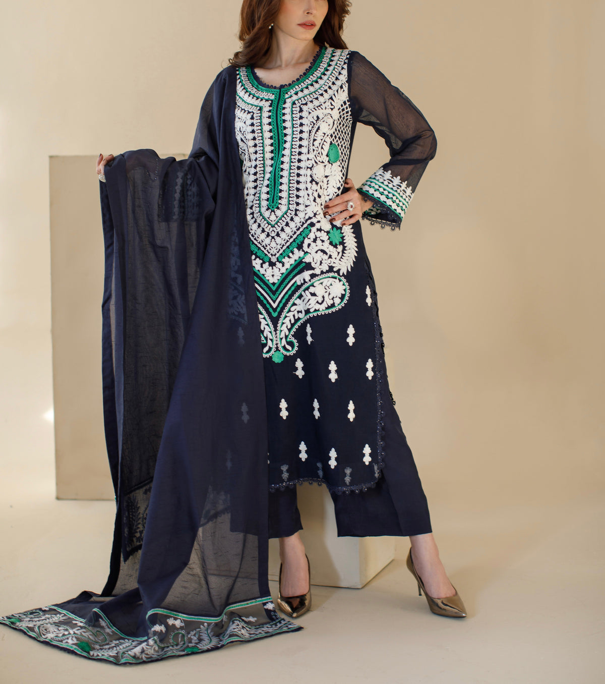 Ombrella - Ethnic Navy blue Khaadi Net Suit For Women - 3 Piece