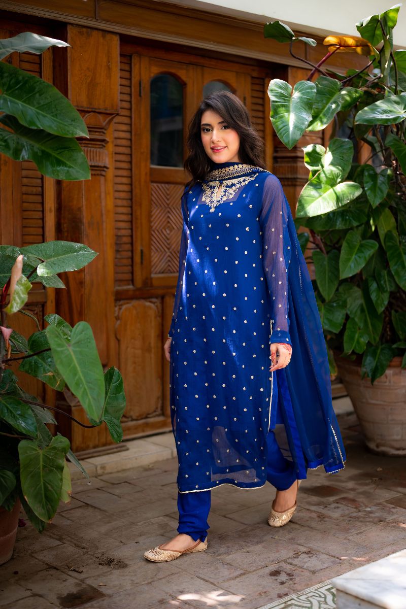 Omal by Komal - Izmir - Blue - Chiffon & Cotton Silk - 4 Piece