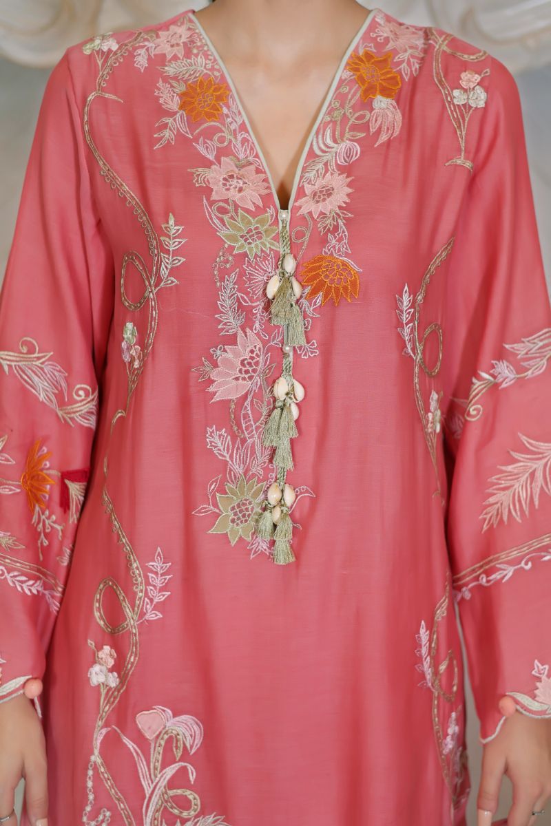 Reema Ahsan - Kawal - Carrot Pink - Kora Cotton & Organza - 3 Piece