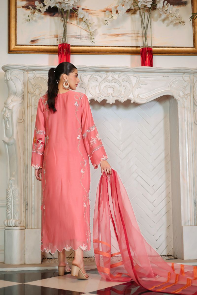 Reema Ahsan - Kawal - Carrot Pink - Kora Cotton & Organza - 3 Piece