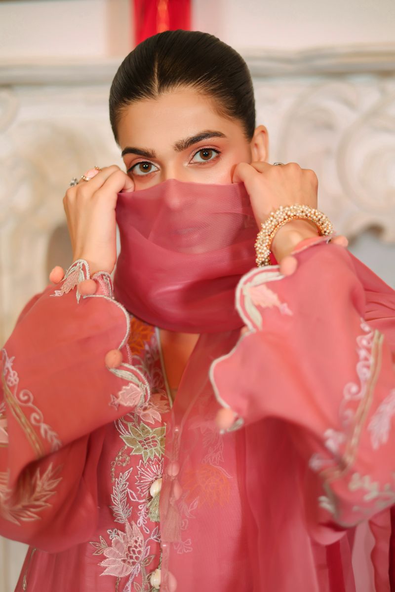 Reema Ahsan - Kawal - Carrot Pink - Kora Cotton & Organza - 3 Piece
