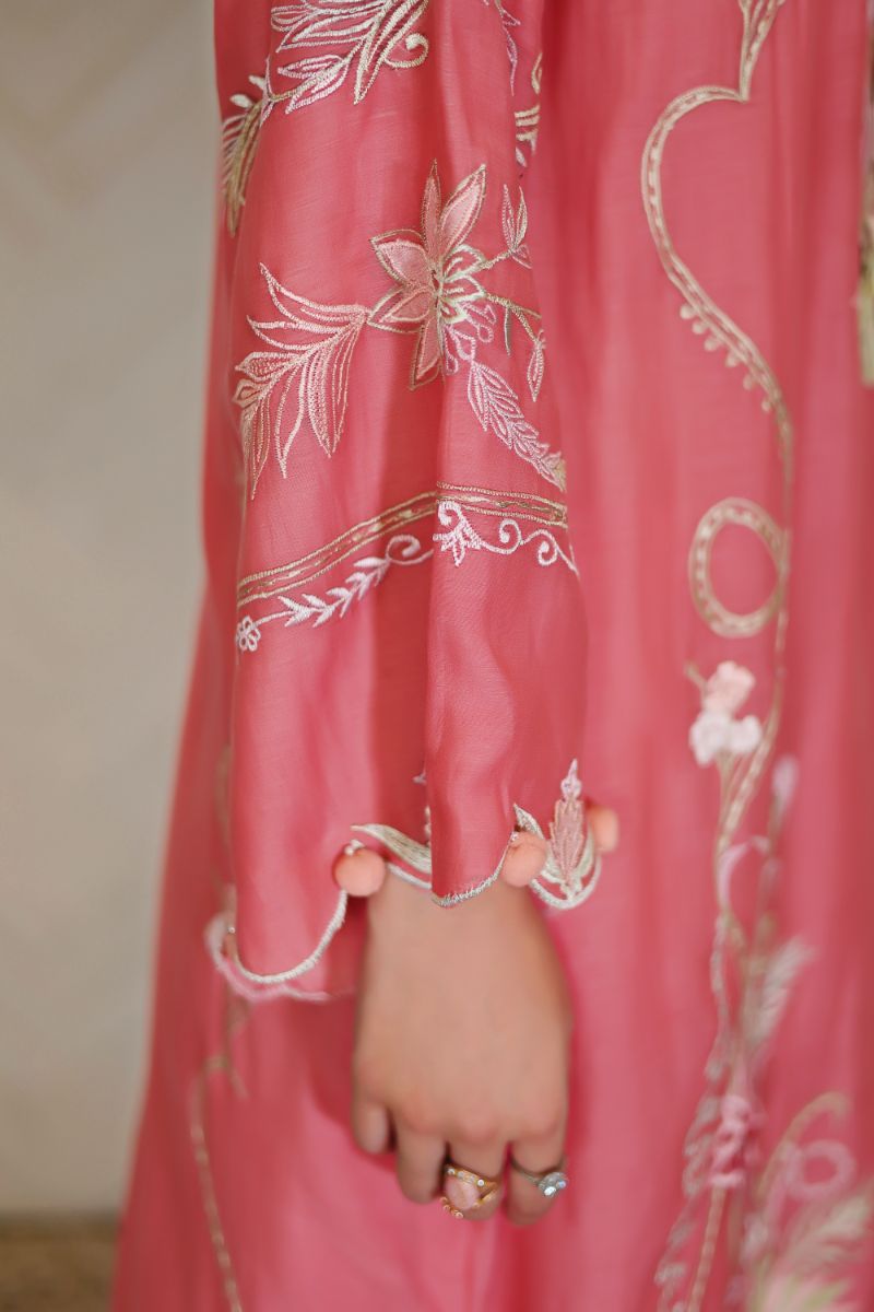 Reema Ahsan - Kawal - Carrot Pink - Kora Cotton & Organza - 3 Piece