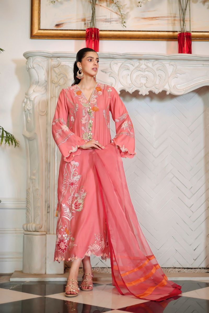 Reema Ahsan - Kawal - Carrot Pink - Kora Cotton & Organza - 3 Piece