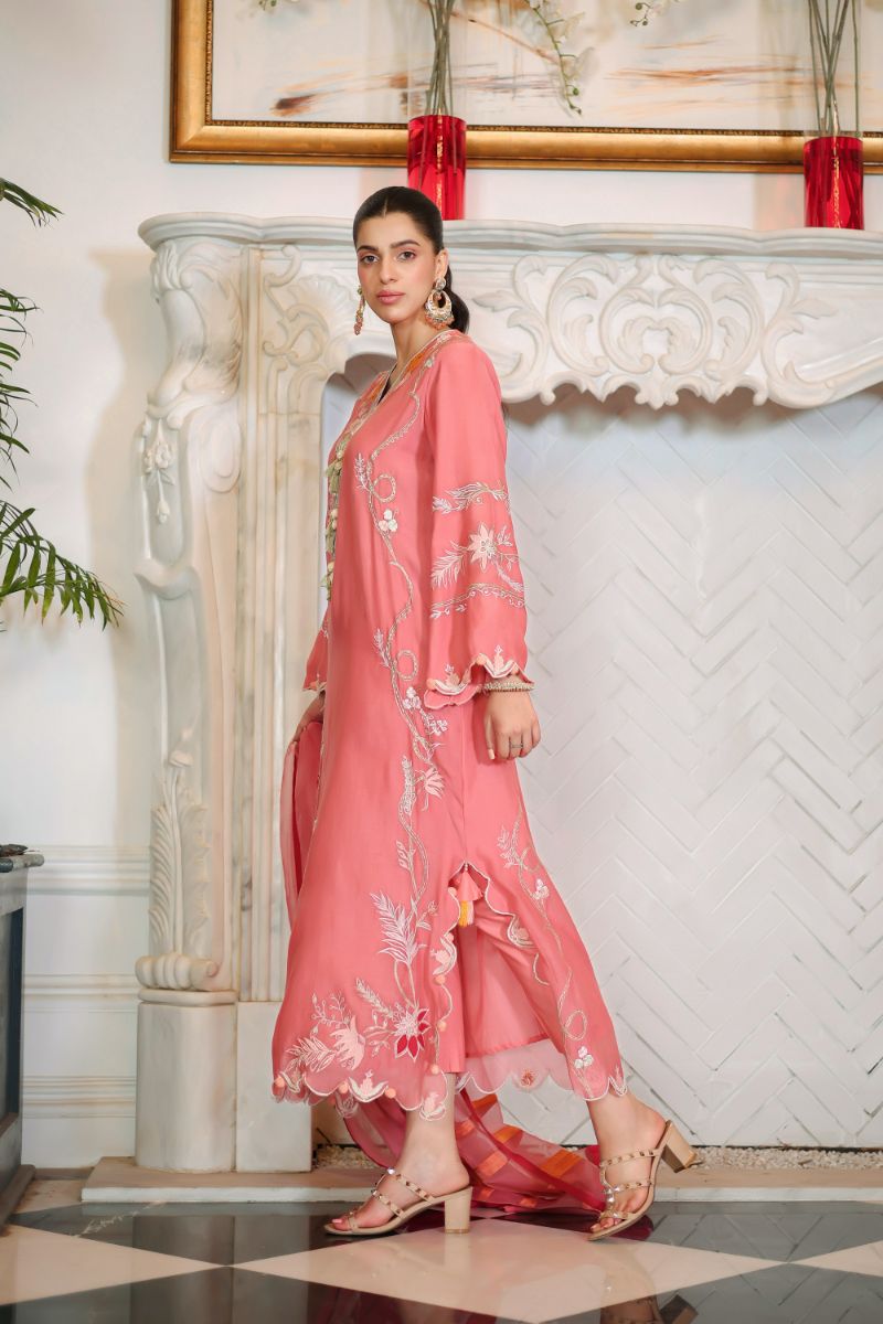 Reema Ahsan - Kawal - Carrot Pink - Kora Cotton & Organza - 3 Piece