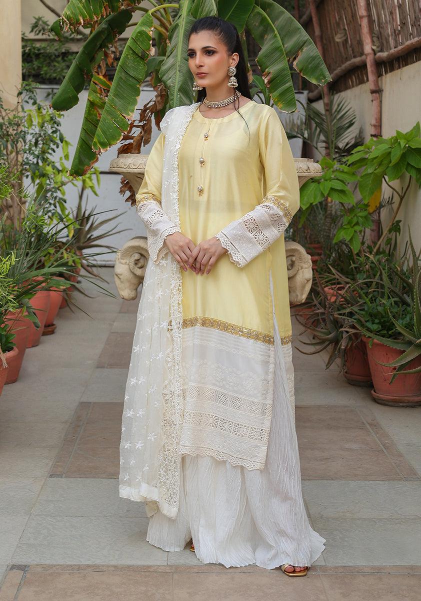 Huma Adnan - Lamya - Yellow & White - Sheesha Silk & Organza - 3 Piece