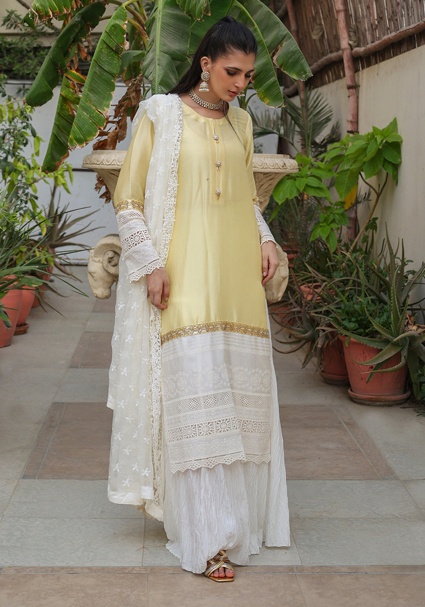 Huma Adnan - Lamya - Yellow & White - Sheesha Silk & Organza - 3 Piece