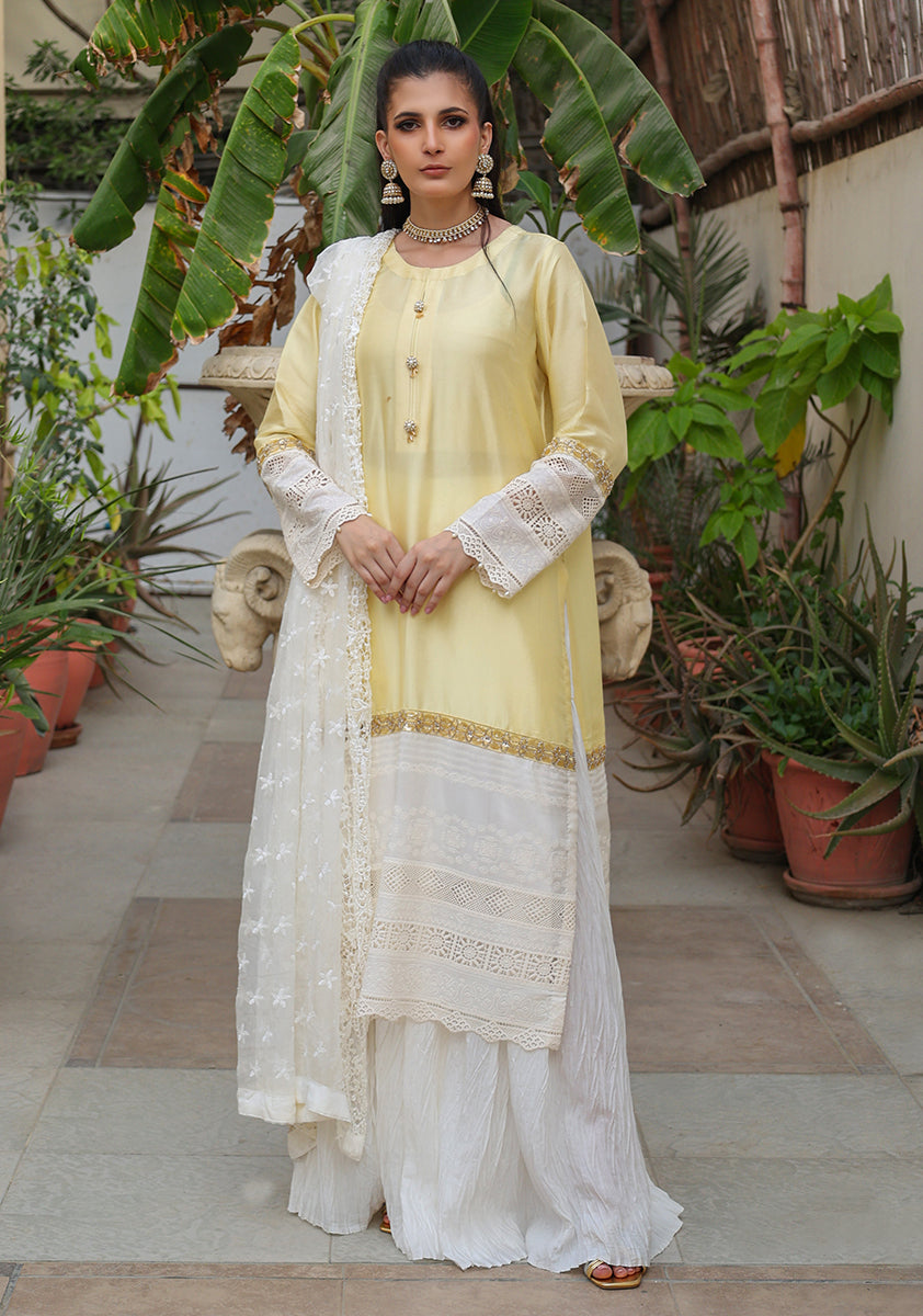Huma Adnan - Lamya - Yellow & White - Sheesha Silk & Organza - 3 Piece