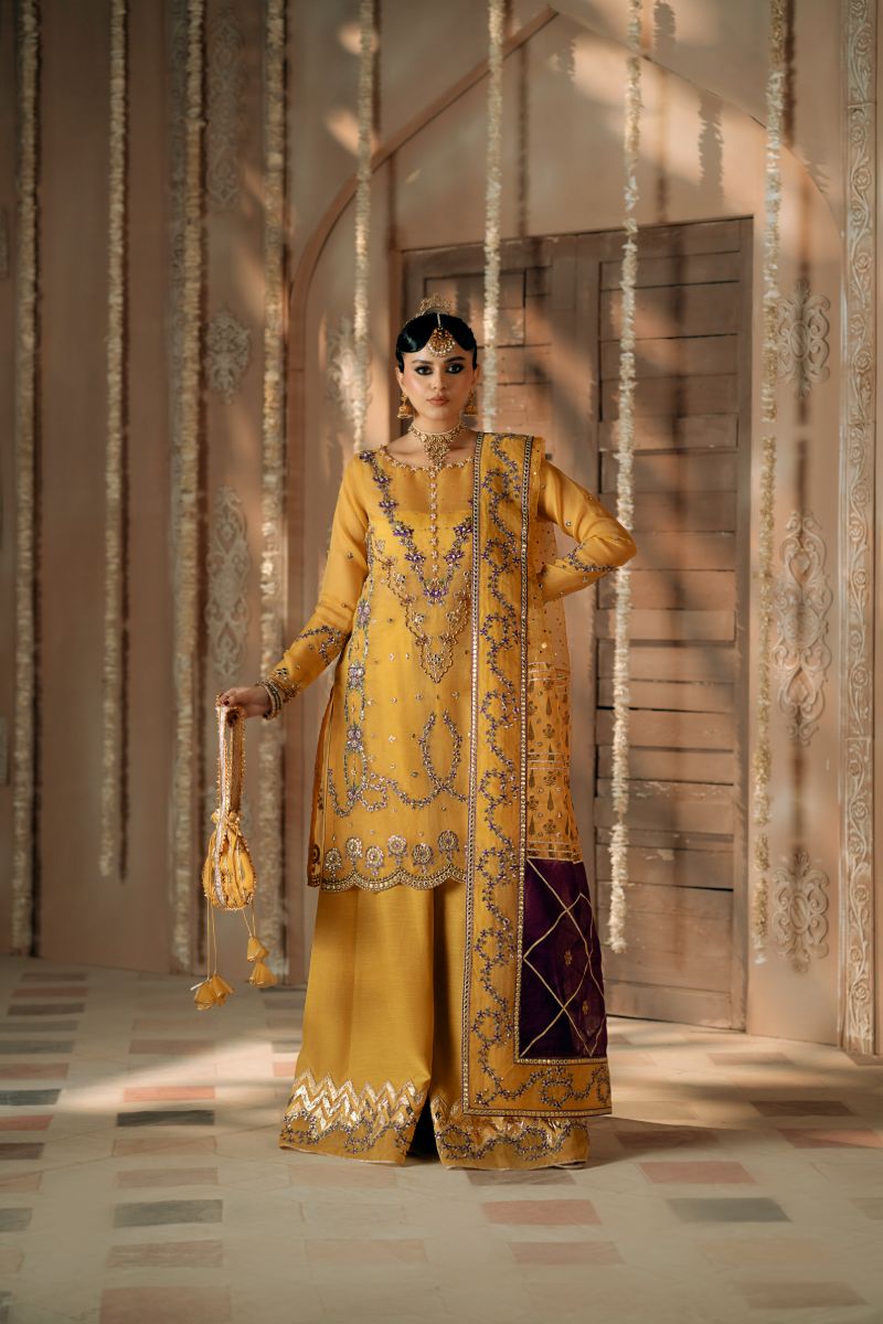 Fozia Khalid - Mayun - Organza - Mustard & plum - 4 Piece