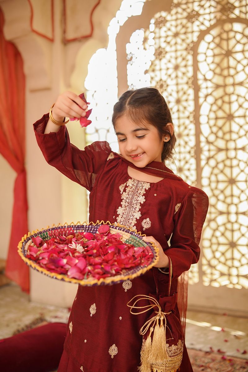 Cheeco Chic - MGCEID25 - Golden and Maroon - Khaadi Net - 3 Piece