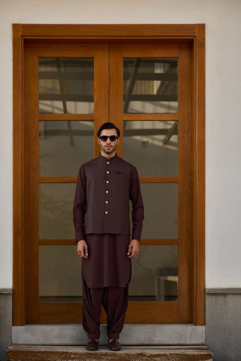 Deepak Perwani - Boski Linen Kurta Shalwar For Men - Coffee Brown - 2 Piece