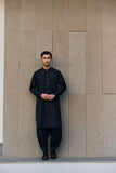 Deepak Perwani - Boski Linen Kurta Shalwar For Men - Black - 2 Piece
