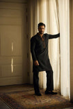 Deepak Perwani - Fine Smooth Kurta Pajama For Men - Black - 2 Piece