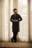 Deepak Perwani - Fine Smooth Kurta Pajama For Men - Black - 2 Piece