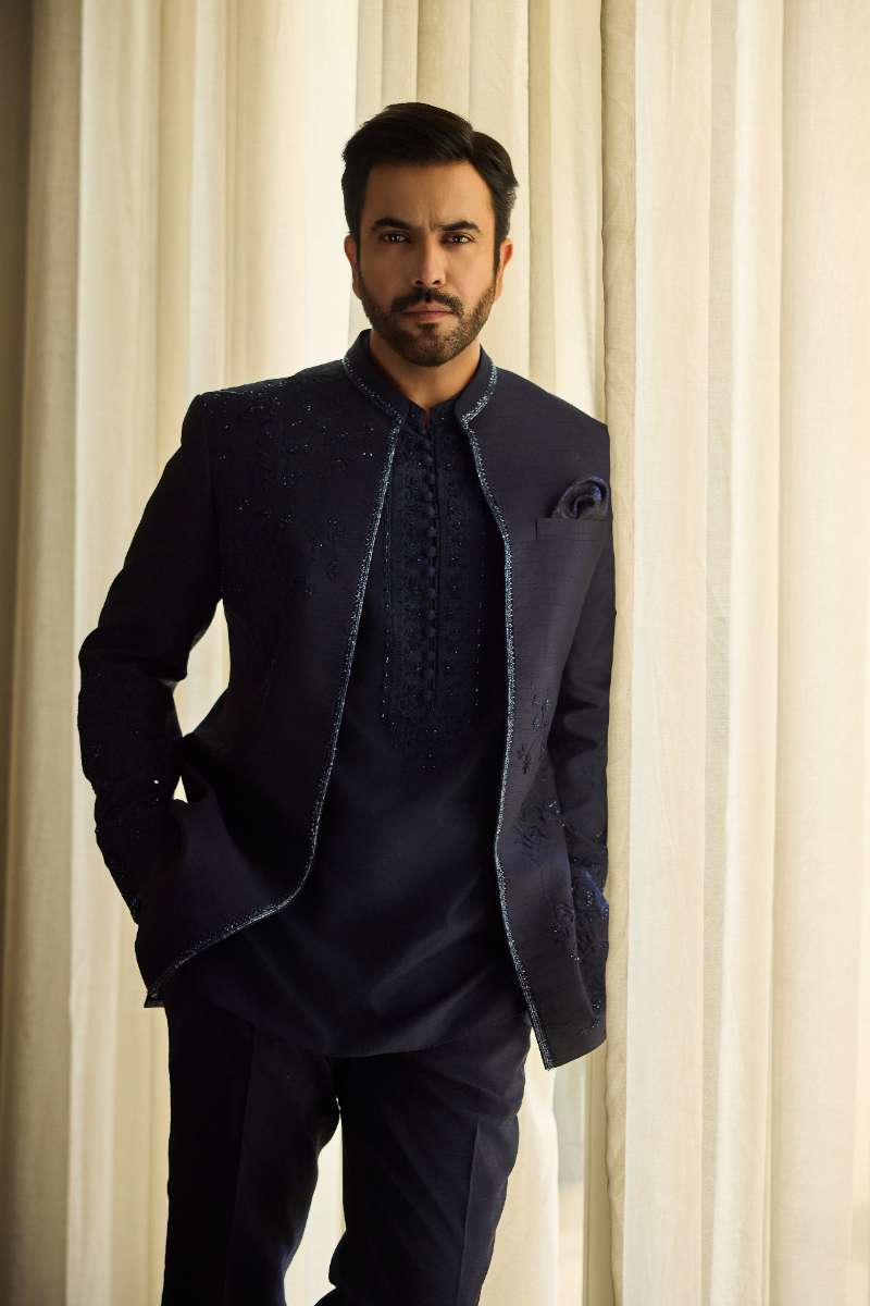 Deepak Perwani - Raw Silk Jacket For Men - Navy Blue - 1 Piece
